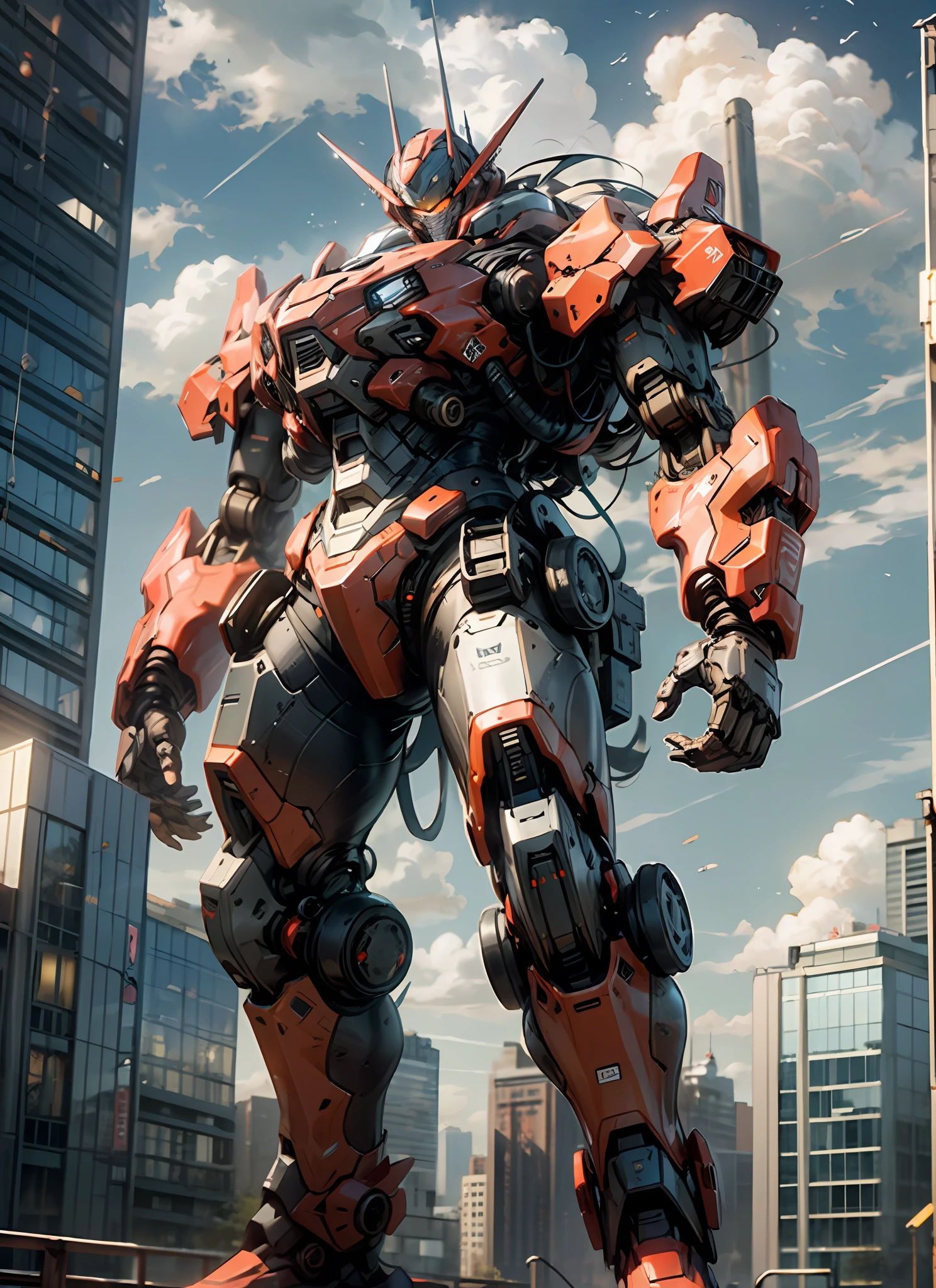 masterpiece, best quality, sky, cloud, holding_weapon, glowing, robot, building, glowing_eyes, mecha, science_fiction, city, realistic,mecha, red color, full body, looking into the distance, --s2