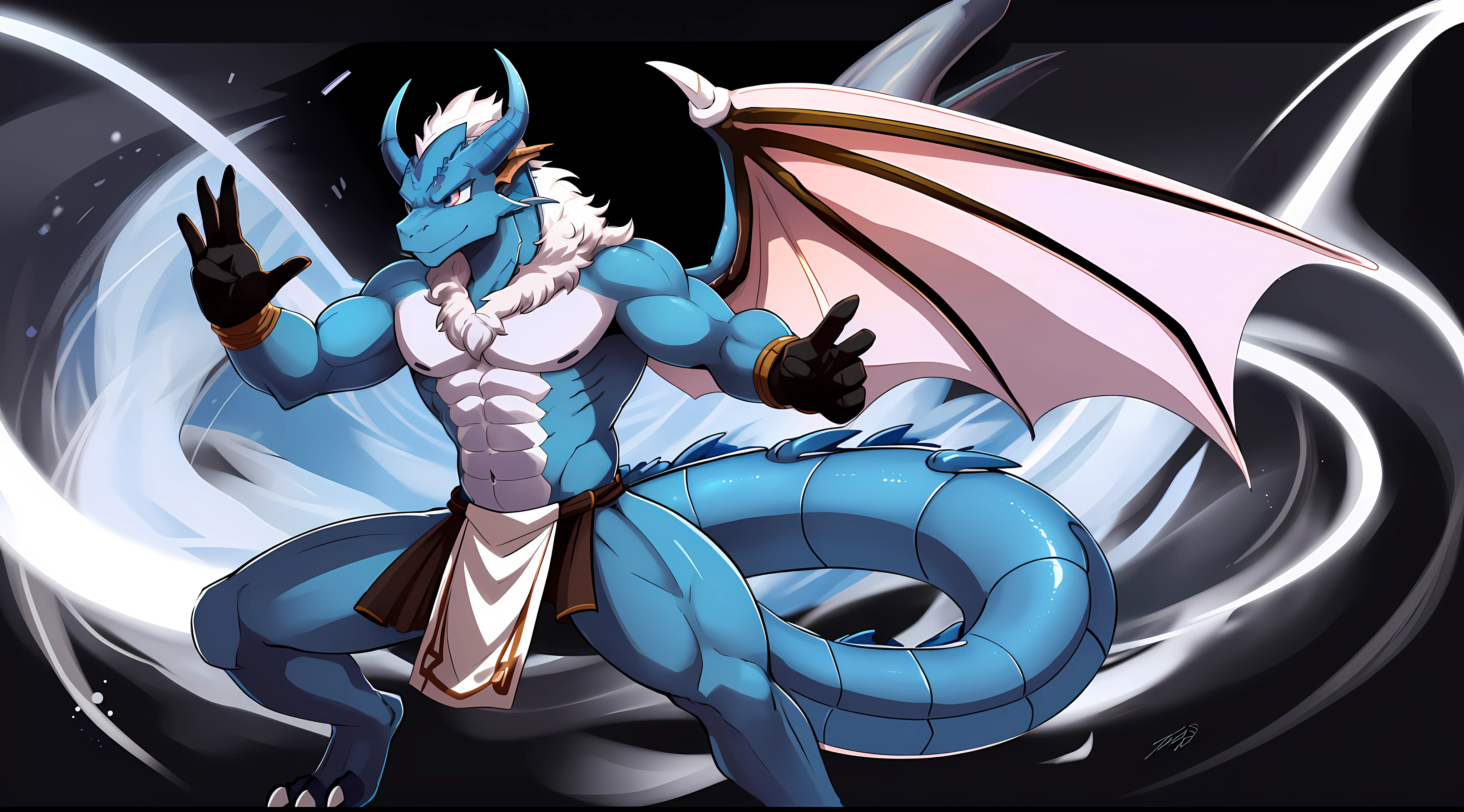 1male furry,((Blue dragon,)),White fur,Male, komono, Thin body type,I didn't wear anything on my upper body,chest muscle,The lower body is only wearing a loincloth,Dynamic pose,Dragon wings,Thick dragon tail,Full body photo