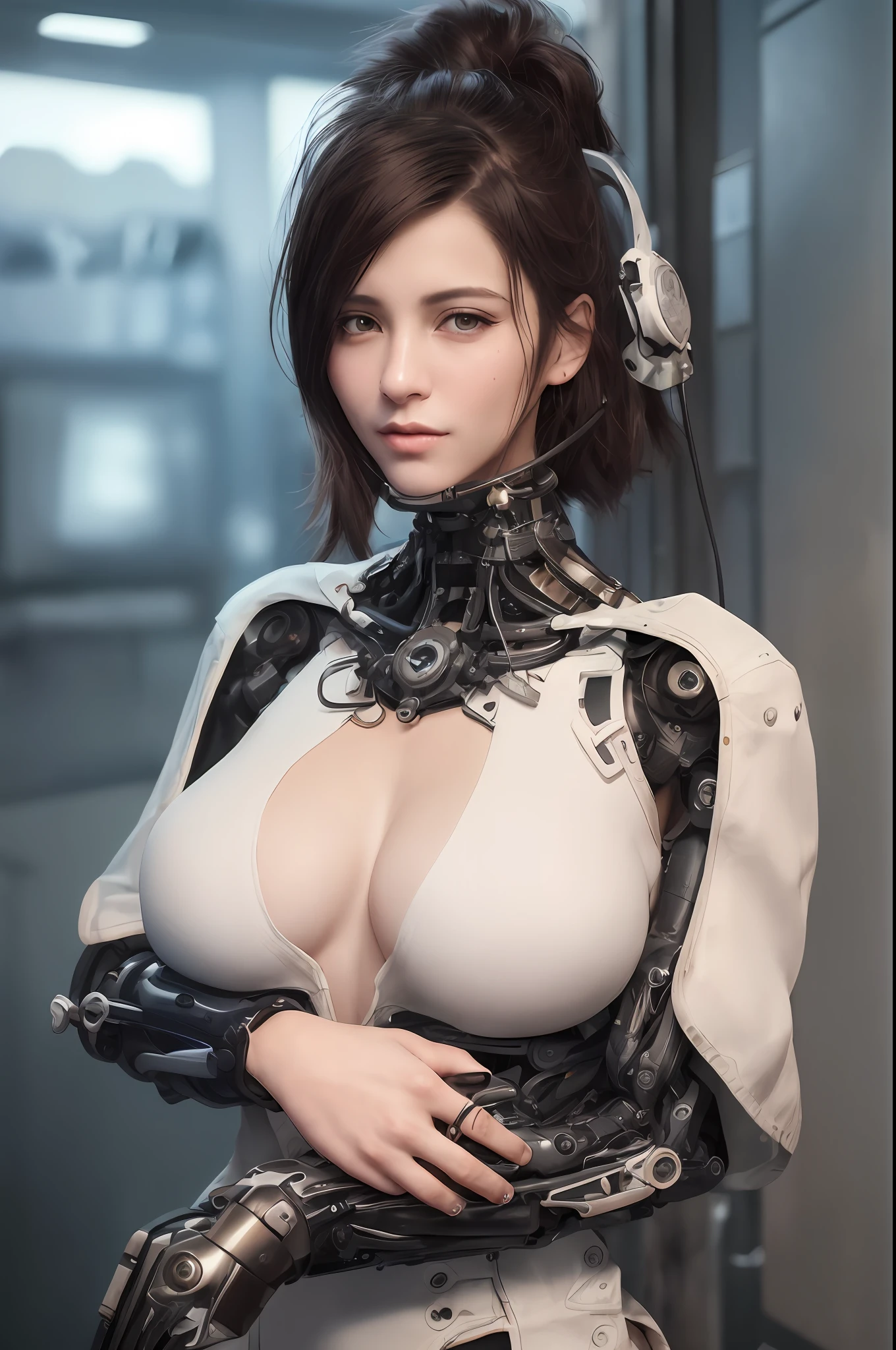 (RAW photo, highest quality), (Realistic, Photorealistic: 1.3), masterpiece, very delicate and beautiful, very elaborate, CG, Unity, 2K wallpaper, wonderful, fine, Mona Lisa, by Leonardo da Vinci, smile, very elaborate CG Unity 8K wallpaper, huge file size, ultra high definition, high resolution, soft light, beautiful girl in detail, fine fingers, Very fine eyes and face, beautiful nose in detail, beautiful eyes in detail, 1 mechanical girl, (((ultra-realistic detail)), portrait, octane rendering, 8K, ultra-sharp, metal, cold colors, very complex details, realistic light, CGSoation trend, facing the camera, chrome body, mechanical limbs, blood vessels connected to tubes, Mechanical vertebrae attached to the back, mechanical neck attachment to the neck, wires and cables connecting to the head, warm lighting, cyberpunk, anatomically correct, mechanical body