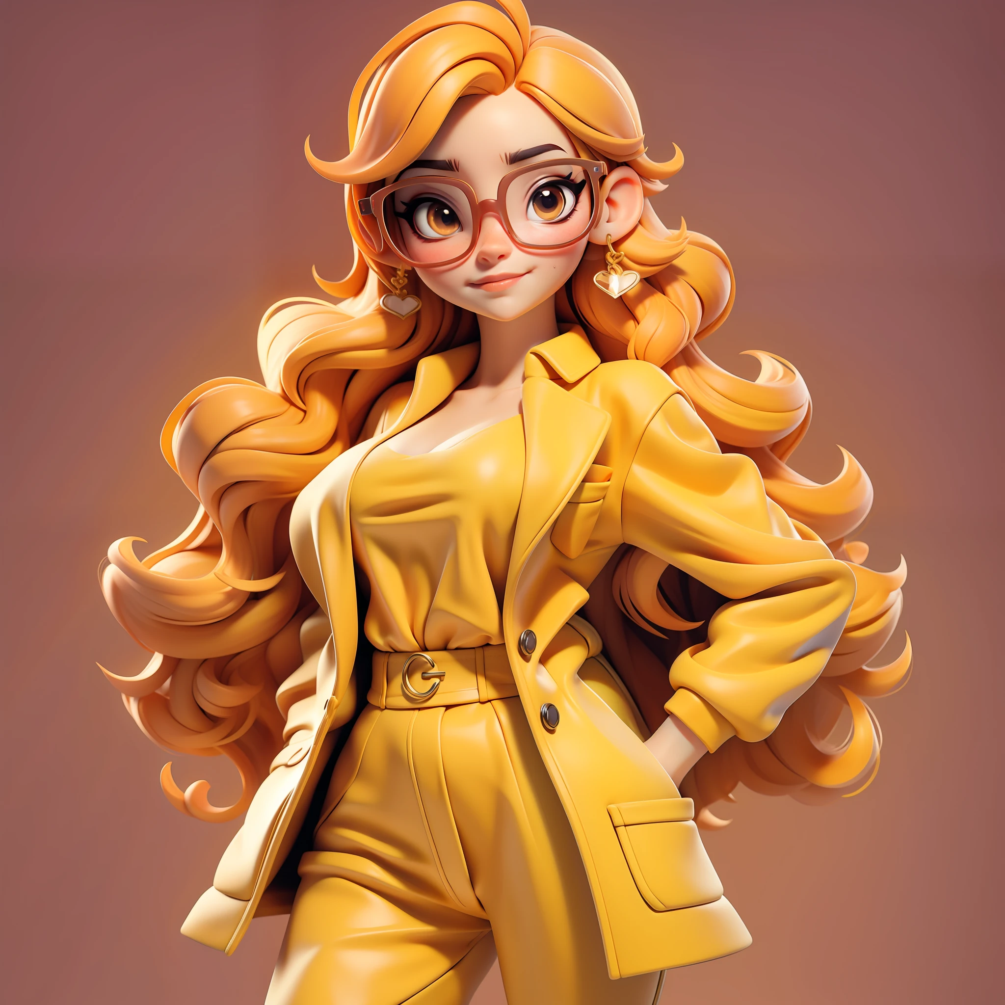 sexy girl, working as a senior manager in a company, orchid outfit, sexy, luxurious, serious face, radiating leadership, wearing trendy gucci glasses, yellow suit, orange hair