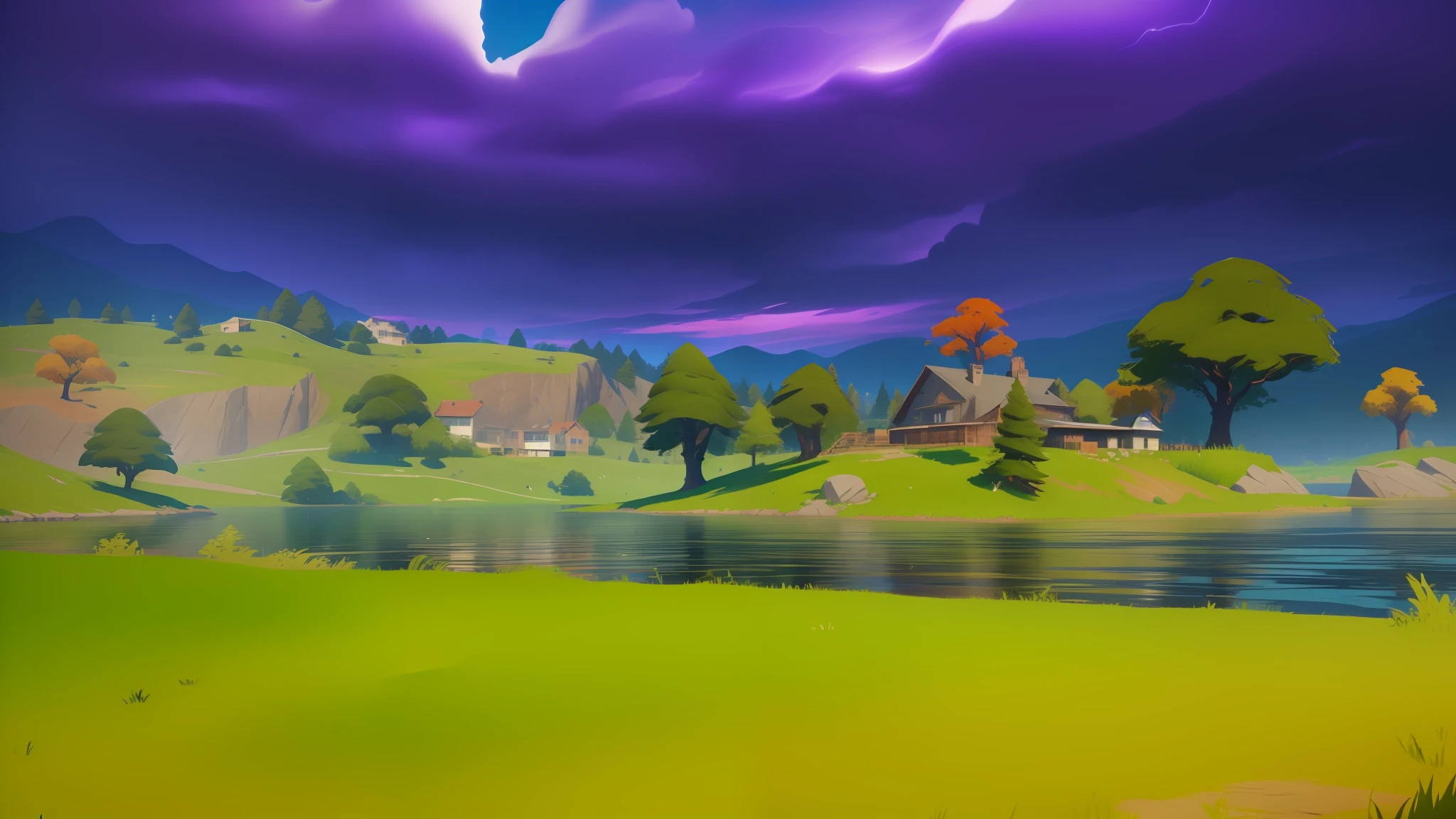 a screenshot of a landscape with a lake and trees, in game style 8k, realism in style of fornite game, screenshot from fortnite, epic games, upscaled to high resolution, stylised storm, epic background, fortnite art style, in the skin of fortnite, detailed lake in background, simple stylized, 16k upscaled image, heavily stylized