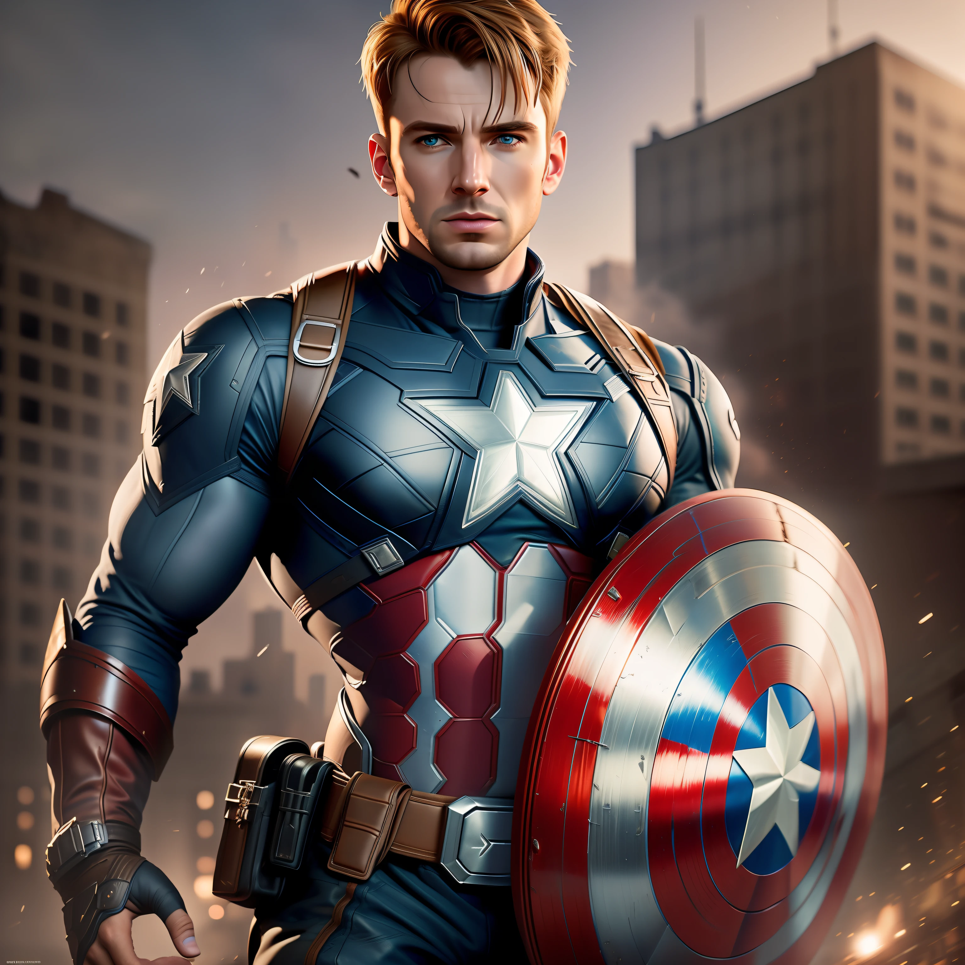 Chris Evans as Steve Rogers / Captain America, natural facial expressions, beautiful, dramatic, dashing, award-winning hairstyle, is a true masterpiece of masculine beauty, the face as in the movie, perfecting the anatomical perfection of a man standing tall in an abandoned city. The studio lighting highlights the film-like armor which adds to his confidence. The scenery is lush and mysterious, with the dark city and its surroundings. The camera details everything. When looking into beautiful eyes, there are eyes that will attract people. His gaze is on the viewer, you can clearly see every small detail, every perfect line, every beautiful leather detail with 8K quality, people are captivated by the confidence radiating from each eye. His head is framed with brown blonde hair and his face is drawn in meticulous detail using 8K quality images.