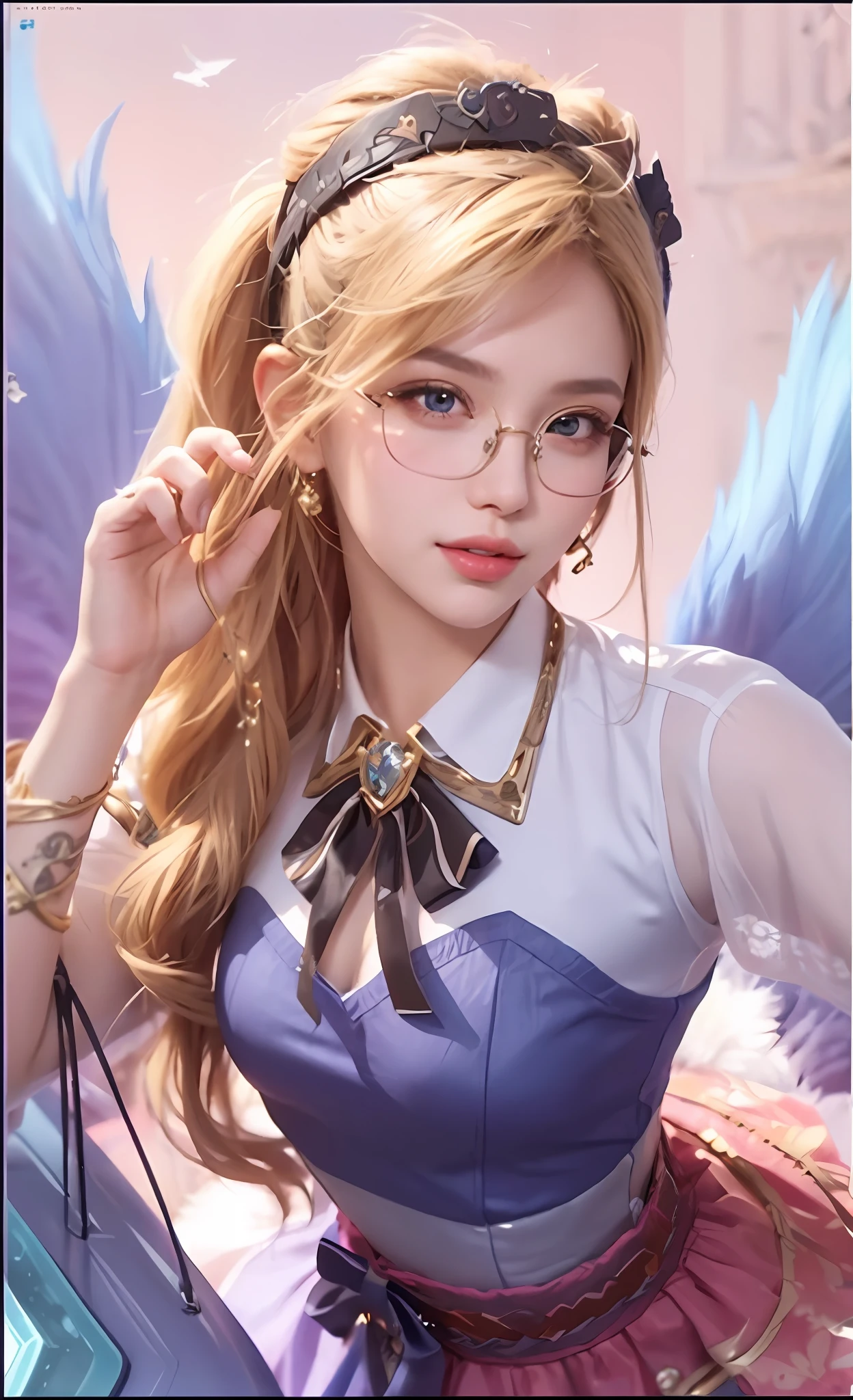 (hyperrealistic), (illustration), (high resolution), (8K), (extremely detailed), (best illustration), (beautiful detailed eyes), (best quality), (super detailed), (masterpiece), (wallpaper), (detailed face), solo, beautiful face, smile, Big breasts, a close up of a woman with glasses and a blue dress, style artgerm, artgerm lau, ! dream artgerm, kda, extremely detailed artgerm, style of artgerm, like artgerm, seraphine ahri kda, artgerm style, artgerm on artstation pixiv