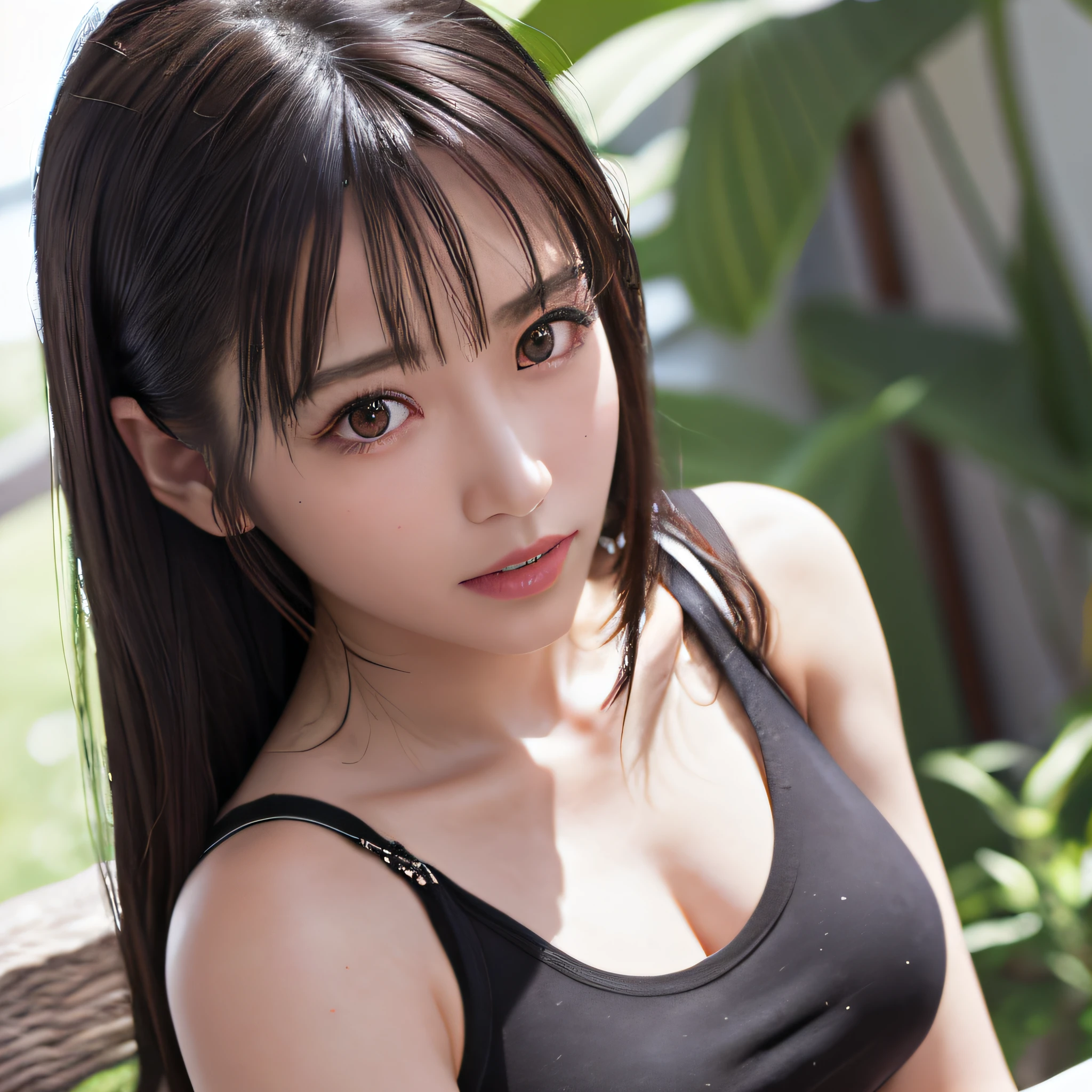 close-up,(photorealistic:1.4),best quality,realistic, masterpiece, an extremely delicate and beautiful, CG,extremely detailed ,highres, extremely detailed,depth of field, 1girl, tifa_lockhart,beautiful detailed girl,upper body, realistic,suspender_skirt, tank_top, taut_shirt, black_hair, long_hair, beautiful detailed red eyes, light on face,saika1