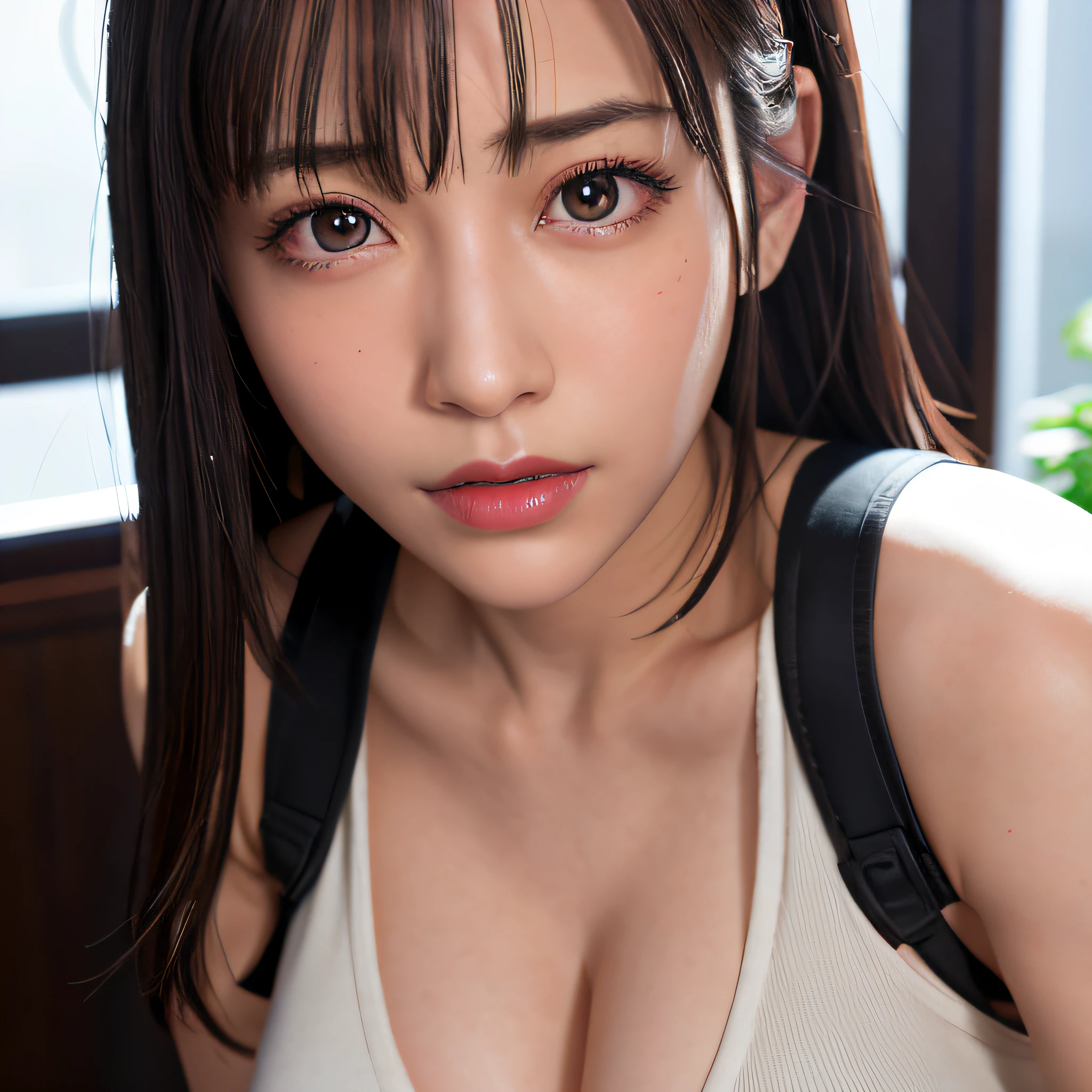 close-up,(photorealistic:1.4),best quality,realistic, masterpiece, an extremely delicate and beautiful, CG,extremely detailed ,highres, extremely detailed,depth of field, 1girl, tifa_lockhart,beautiful detailed girl,upper body, realistic,suspender_skirt, tank_top, taut_shirt, black_hair, long_hair, beautiful detailed red eyes, light on face,saika1