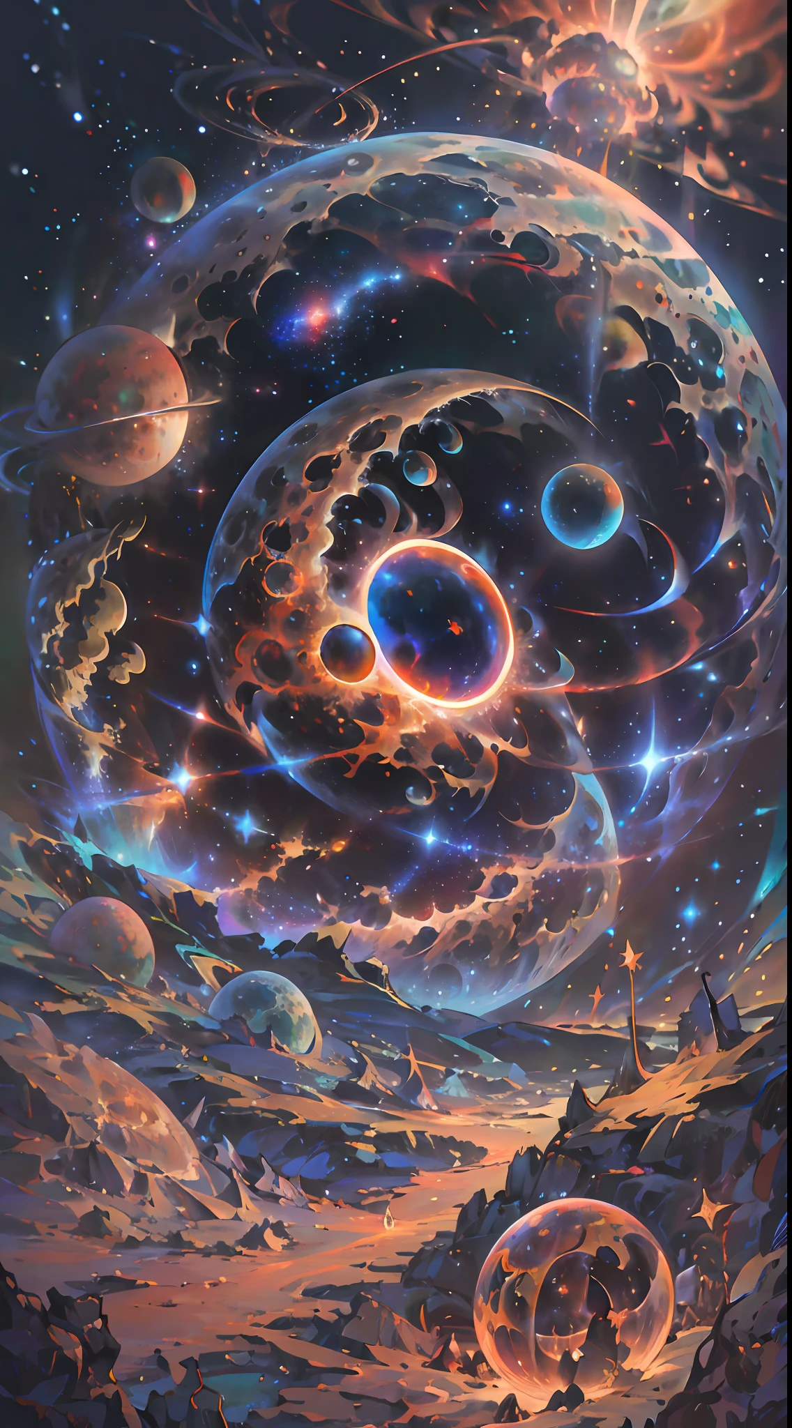 Masterpiece, top quality, high quality, highly detailed CG Unity wallpaper, depth of field, HDR, photorealistic, highly detailed, complex, high detail, beautiful ant nest shrouded in transparent mist, hemispherical, space, universe, galaxy, star, planet, astronomy, universe, astronomical object, nebula, black hole, solar system, cosmic rays, supernova, deep space, celestial body, ant nest like a galaxy