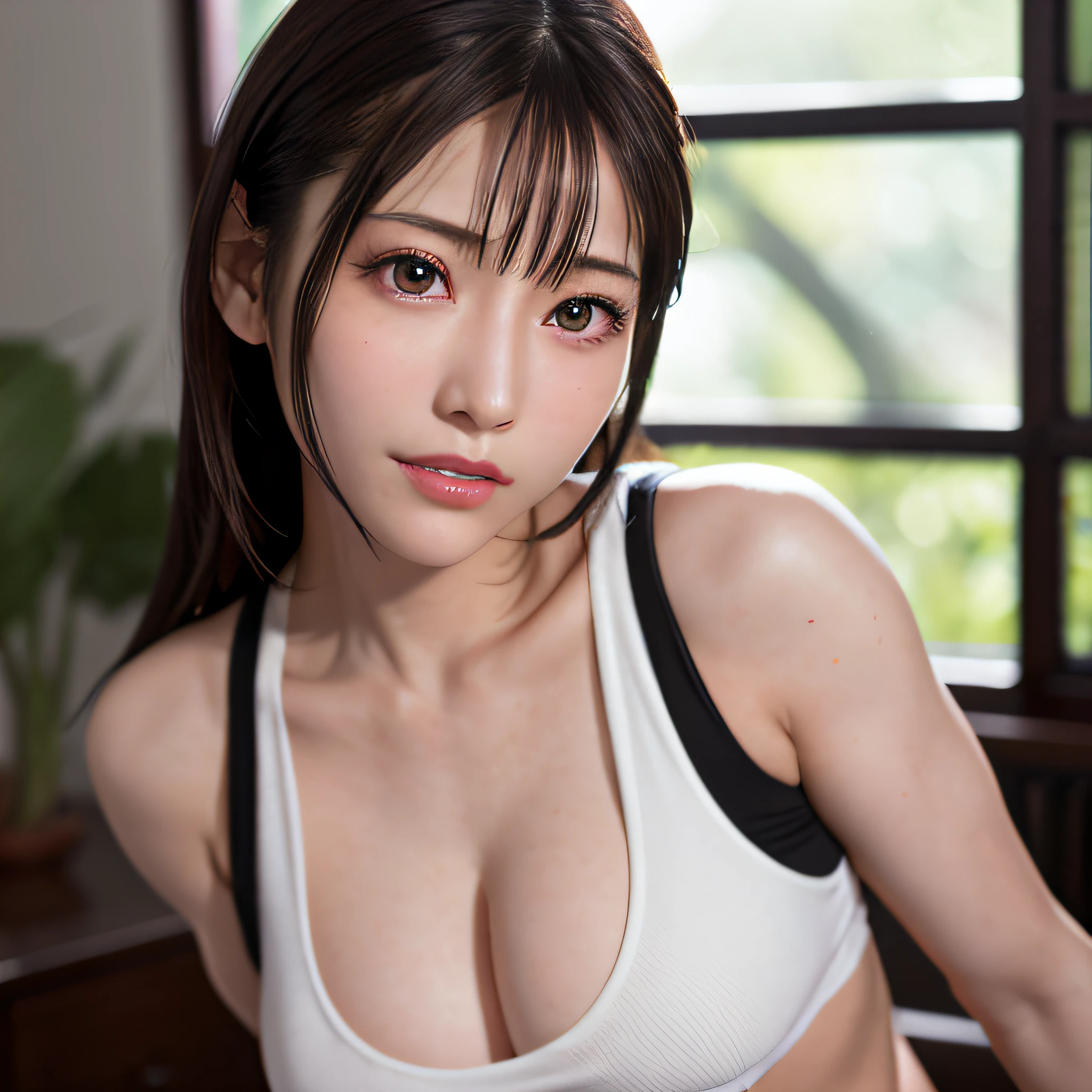 close-up,(photorealistic:1.4),best quality,realistic, masterpiece, an extremely delicate and beautiful, CG,extremely detailed ,highres, extremely detailed,depth of field, 1girl, tifa_lockhart,beautiful detailed girl,upper body, realistic,suspender_skirt, tank_top, taut_shirt, black_hair, long_hair, beautiful detailed red eyes, light on face,saika1