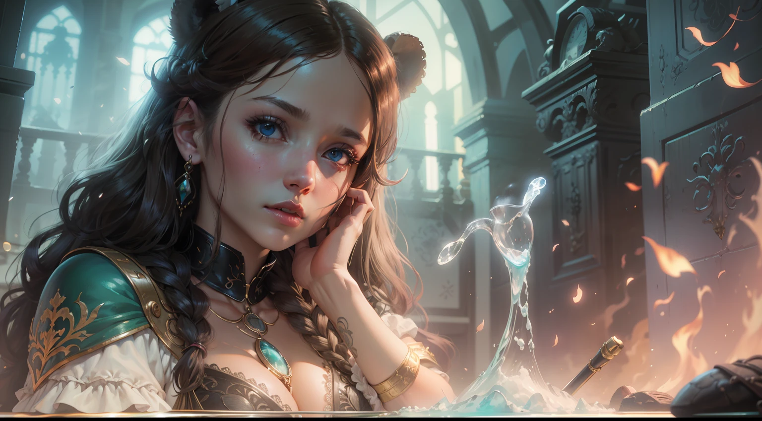 (((Maiden and huge black bear))),((Girl close-up strengthened)),spellbooks,Water magic,(((ultra fine))),shot at 8k resolution,Gasoline liquid,,Lithography in intricate details,dongh(Light particles:1.2),(game concept:1.3),(deep of field:1.3),Global illumination,with rich details,Trends on ArtStation,Epic shooting,Cinematic lighting