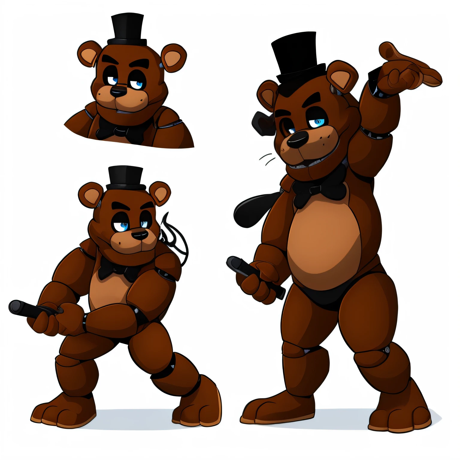 "(obra-prima, ultra detalhado, Soft illumination):0.9, glamrock freddy em estilo chibi :0.8, in dynamic pose, com destaque para as patas, flutuando em um fundo minimalista em tons de cinza e branco, usando tom escuro para as sombras"