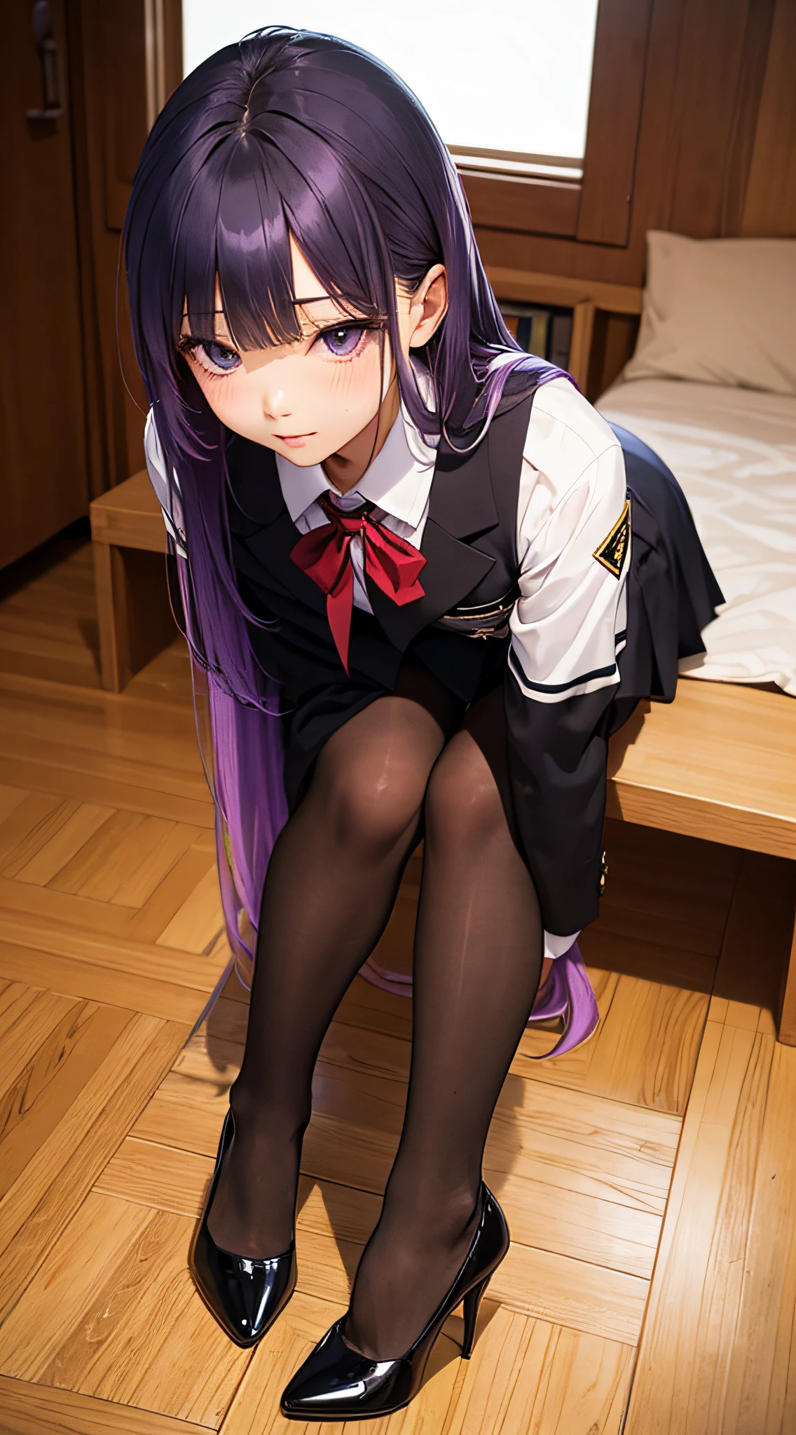 Long purple hair，Delicate facial features，shcool uniform，black pantyhose，black heels，eastern girl --auto