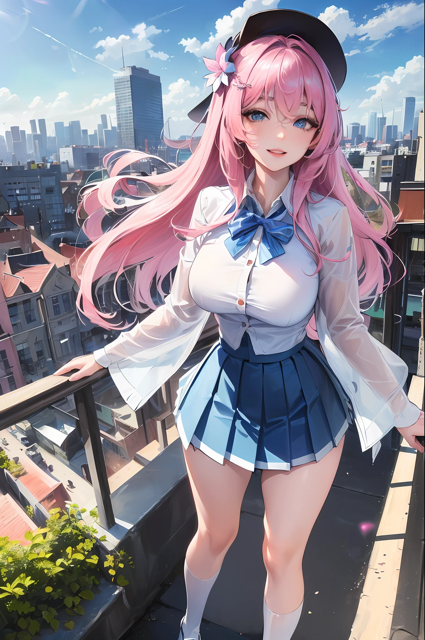 official art, masterpiece, sharp focus, (beautiful gorgeous cute Korean woman:1.3), (beautiful cute korean:1.3), korean beauty, Delicate and beautiful hair and eyes and face, realistic, ultra detailed, beautiful girl, blue sky, glow white particle, (sidelighting:1.2), sun light, white cloud, detailed clouds, slender, Lovely very large breasts and very large hips, smile with teeth, ((smile with eyes, open both eyes)), scenery, long straight hair, sexy facial expression, building, (cityscape:1.7), dynamic hair, long straight hair, detailed platinum pink hair, glow blue eyes, (blue pleated shirts + white skirt), white long socks, pale skin, hair ornament, epic scenery,