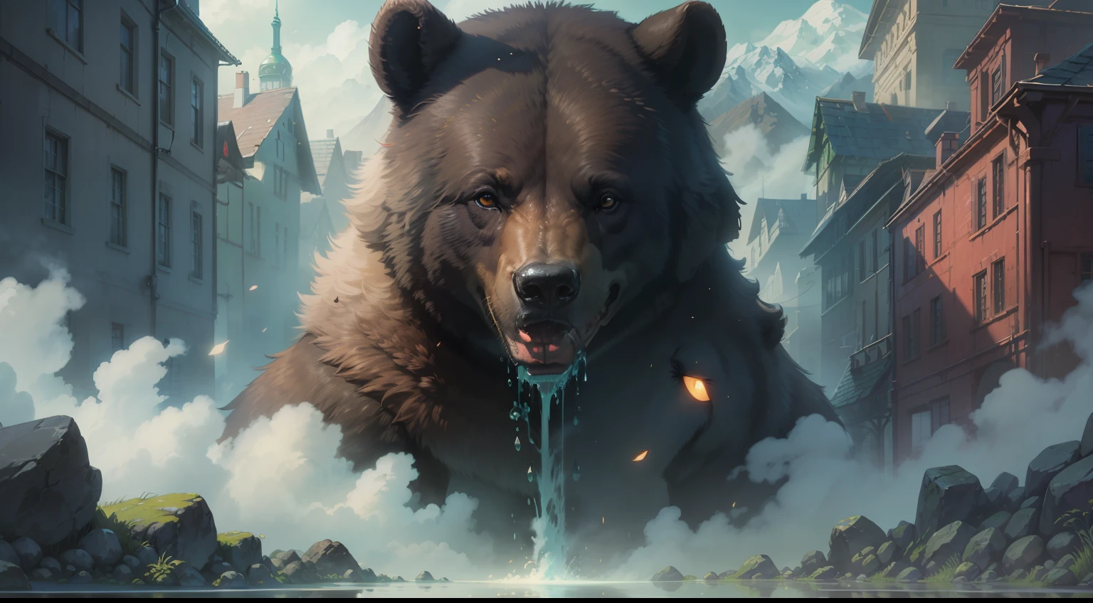 （（（Maiden and huge black bear））），（（Girl close-up strengthened）），spellbooks，Water magic，（（（ultra fine））），shot at 8k resolution，Gasoline liquid，，Lithography in intricate details，dongh（Light particles：1.2），（game concept：1.3），（deep of field:1.3)，Global illumination，with rich details，Trends on ArtStation，Epic shooting，Cinematic lighting