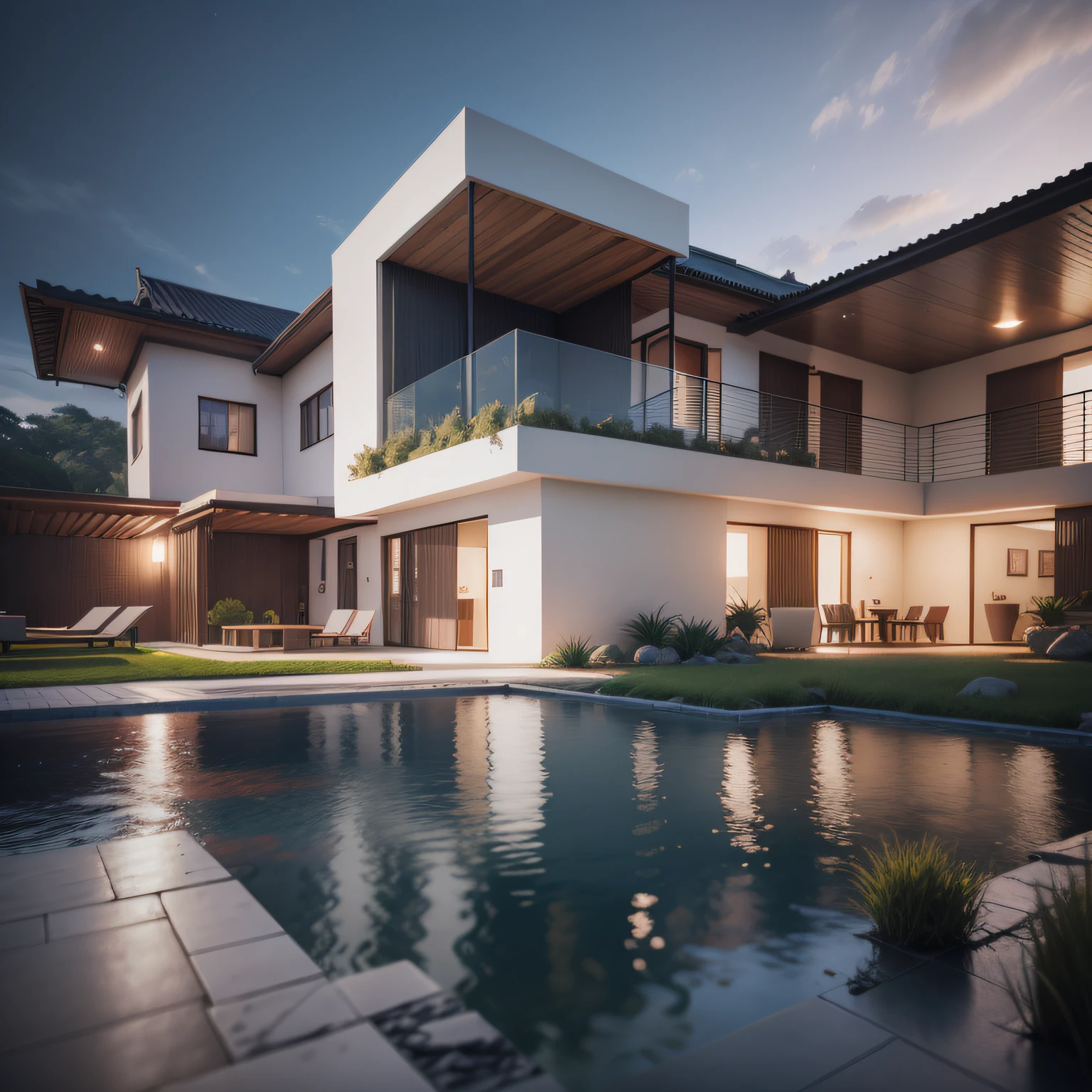 cinematic realistic photo, altamente detalhado, Futuristic, Impresso em 3D, argila, geometric, architectural villa, with artificial lighting, different kinds of vegetation landscaping, luz do dia, exotic, nevoento, Octane render, maximum render detail