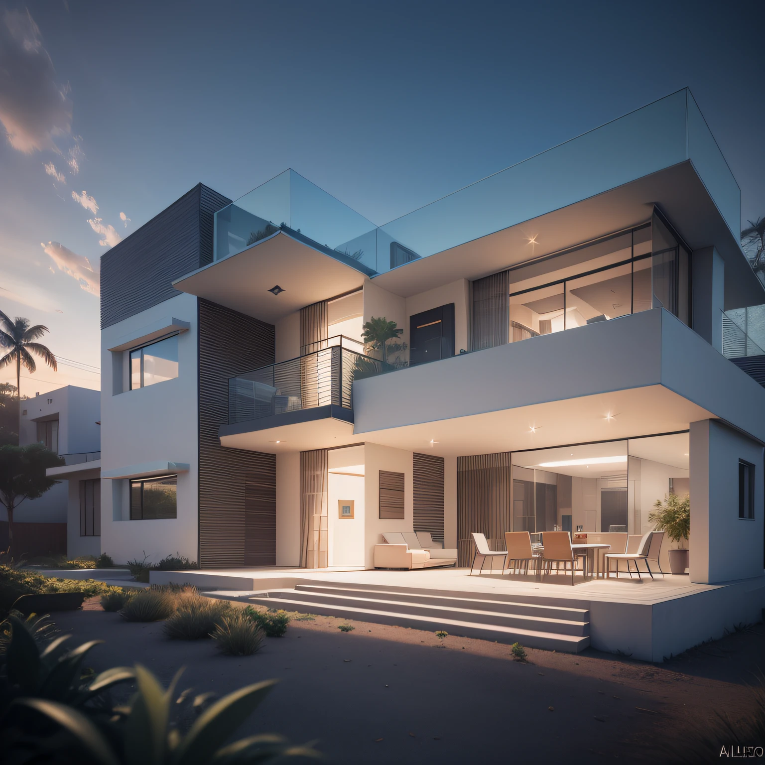 cinematic realistic photo, altamente detalhado, Futuristic, Impresso em 3D, argila, geometric, architectural villa, with artificial lighting, different kinds of vegetation landscaping, luz do dia, exotic, nevoento, Octane render, maximum render detail