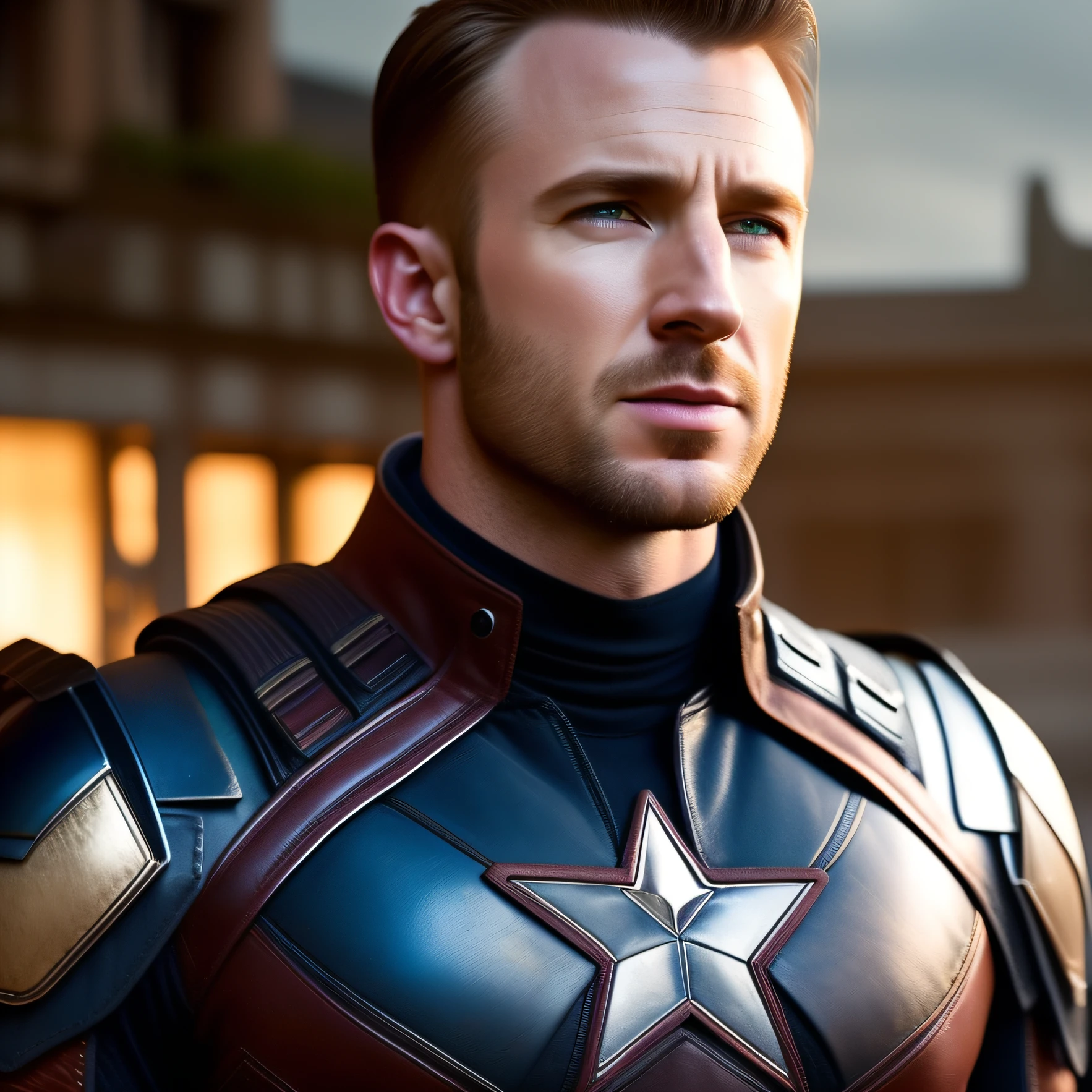 Chris Evans as Steve Rogers / Captain America, natural facial expressions, beautiful, dramatic, dashing, award-winning hairstyle, is a true masterpiece of masculine beauty, the face as in the movie, perfecting the anatomical perfection of a man standing tall in an abandoned city. The studio lighting highlights the film-like armor which adds to his confidence. The scenery is lush and mysterious, with the dark city and its surroundings. The camera details everything. When looking into beautiful eyes, there are eyes that will attract people. His gaze is on the viewer, you can clearly see every small detail, every perfect line, every beautiful leather detail with 8K quality, people are captivated by the confidence radiating from each eye. His head is framed with brown blonde hair and his face is drawn in meticulous detail using 8K quality images.