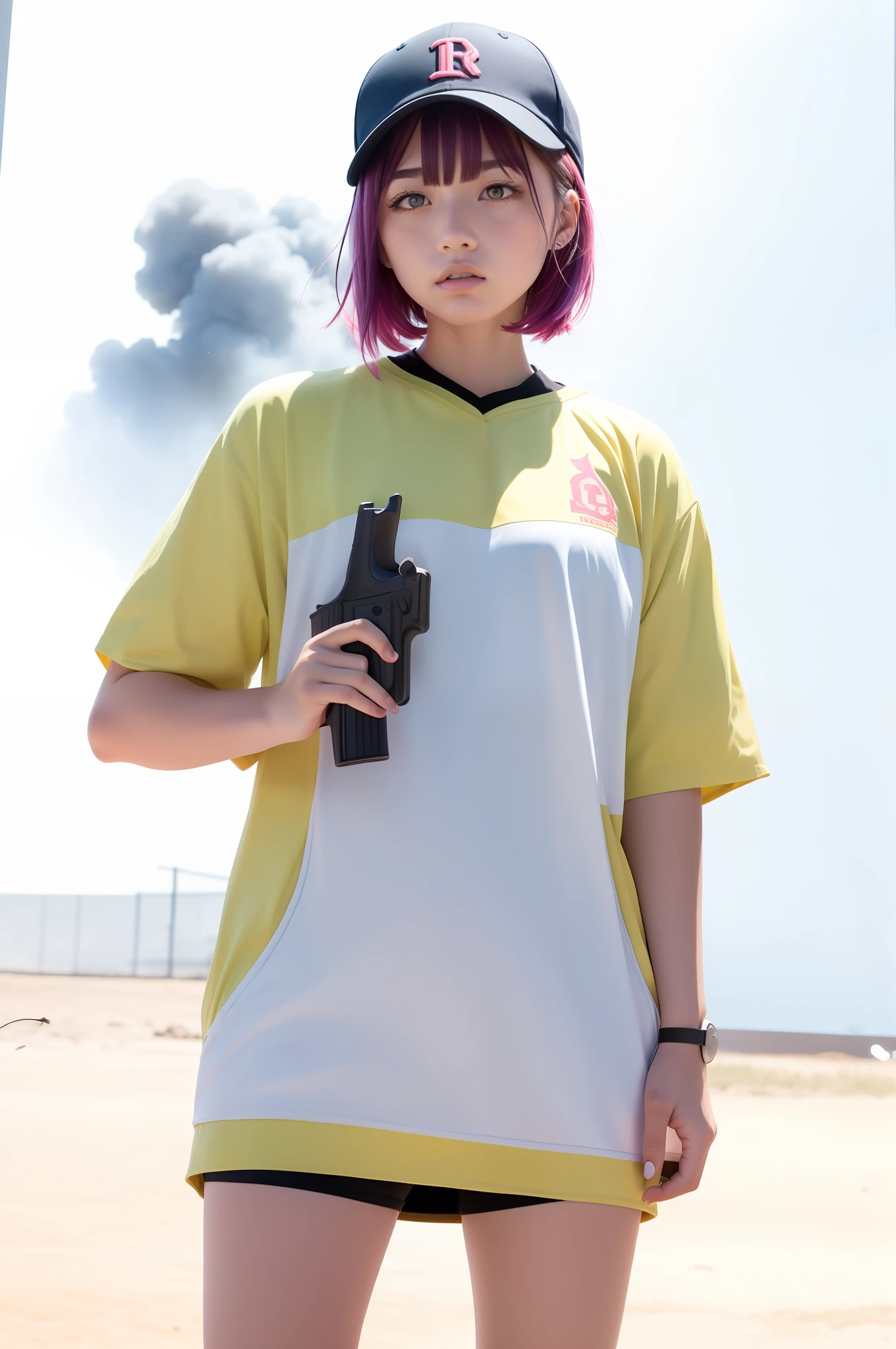 (battle royale style,artistic masterpiece-quality) A fierce and confident girl stands front and center, (right hand holding an automatic gun:1.4), staredown, (left hand pointing forward in battle stance),wearing purple baseball cap, (blue and pink dyed hair:1.2+black hair),(combat outfit),standing in a post-apocalyptic world, (ruined buildings:1.3+metal scraps+fire+smoke), with a fiery explosion in the background.