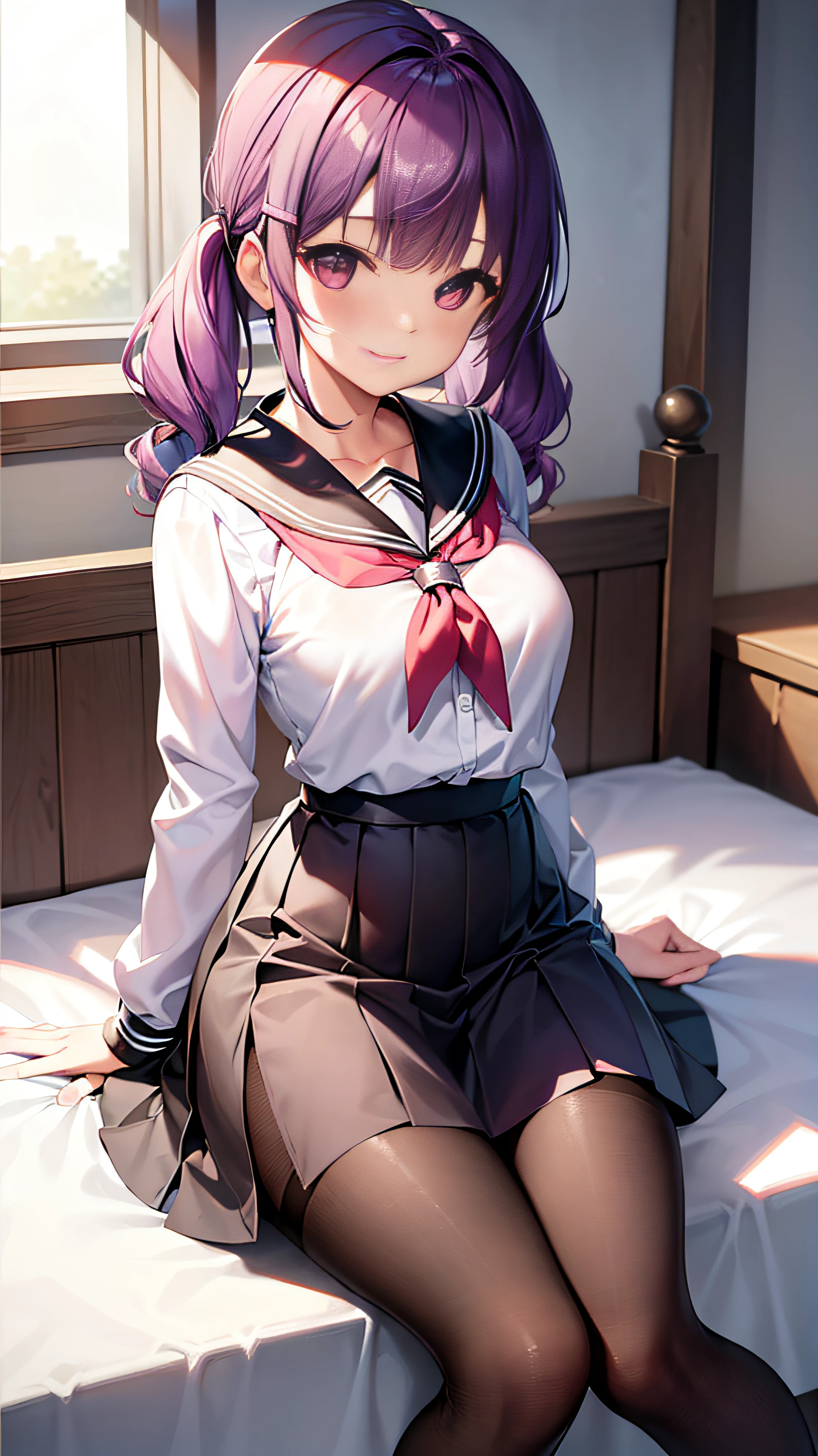 Long purple hair,Delicate facial features,shcool uniform,black pantyhose,black heels,eastern girl --auto