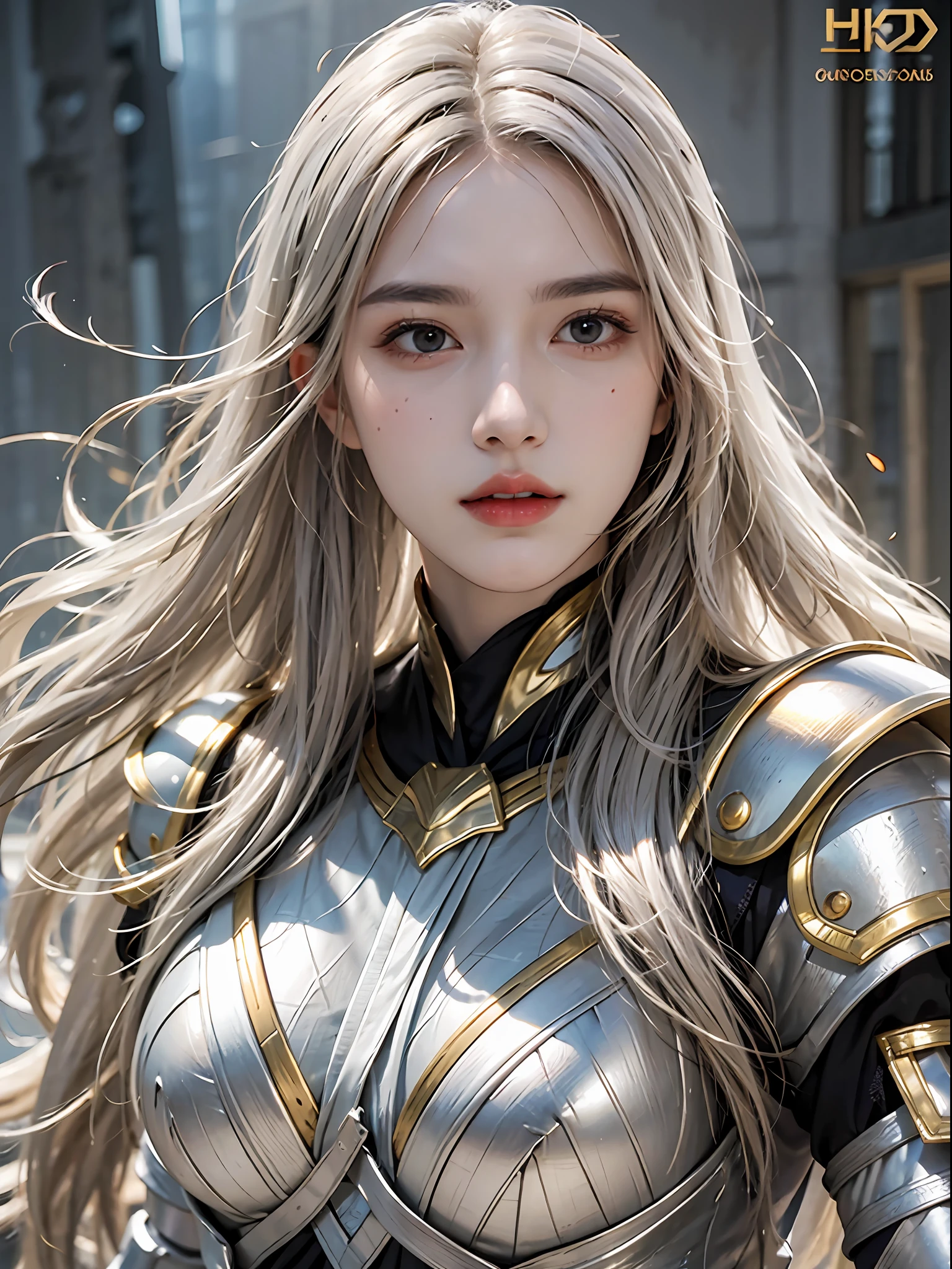 photorealistic, high resolution, 1 girl, white long hair, black eyes, normal breast, armor, full armor, gold armor