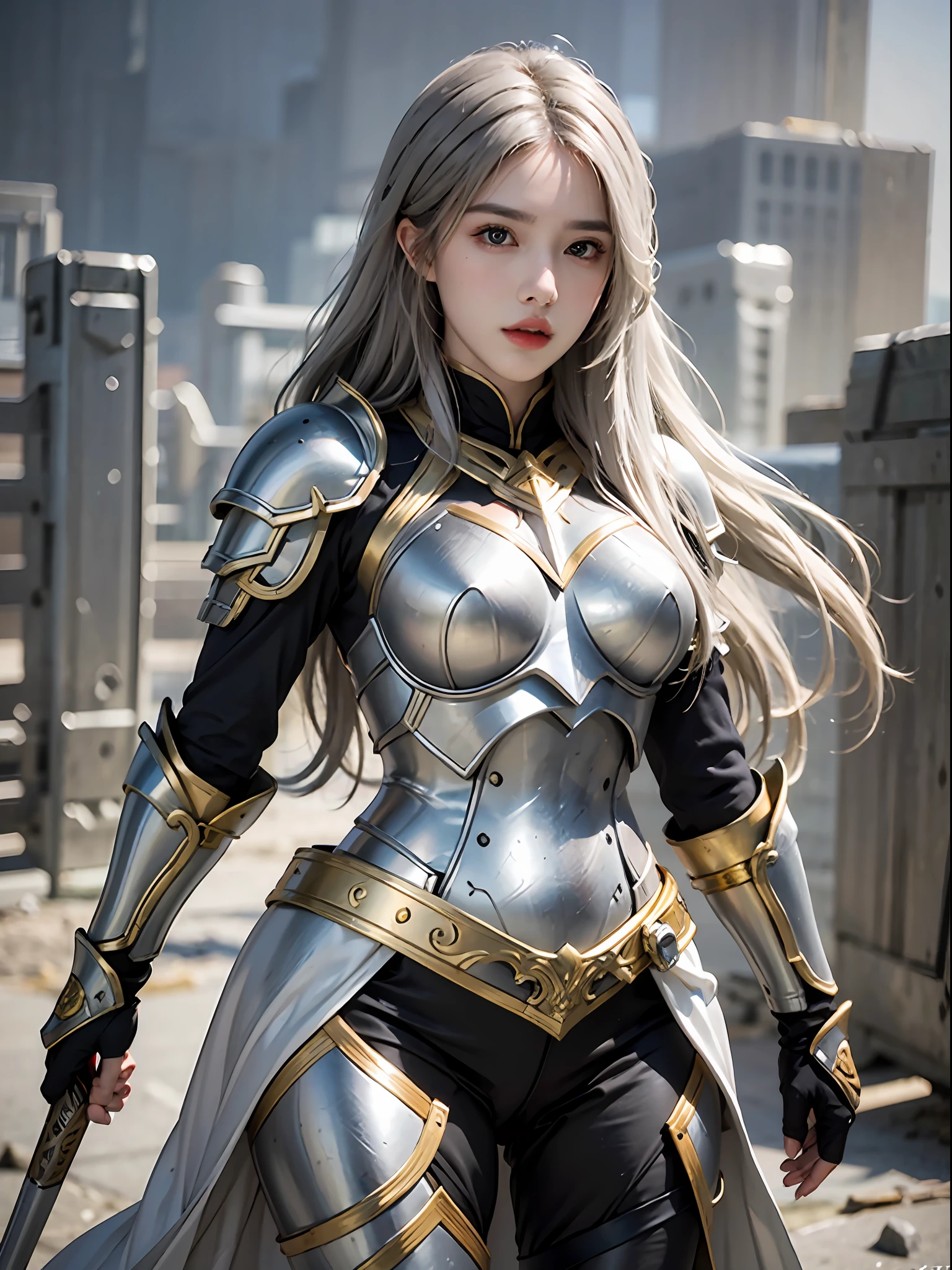 photorealistic, high resolution, 1 girl, white long hair, black eyes, normal breast, armor, full armor, gold armor