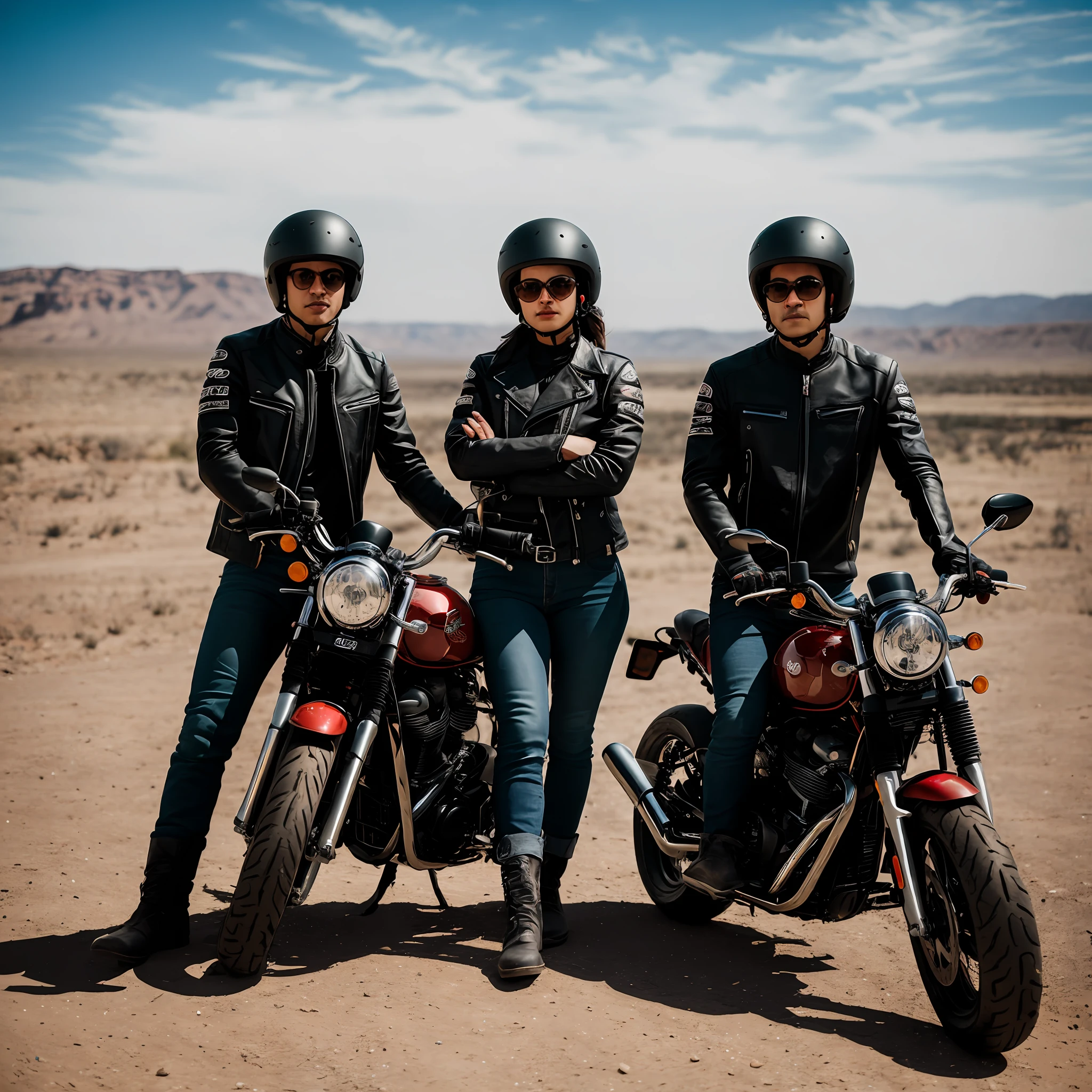 RAW photo, a portrait photo of pair of male and female bikers on motocycles, biker clothes, badass pose, cowboy restaurant in background, barren land setting, natural skin, 8k uhd, high quality, film grain, Fujifilm XT3