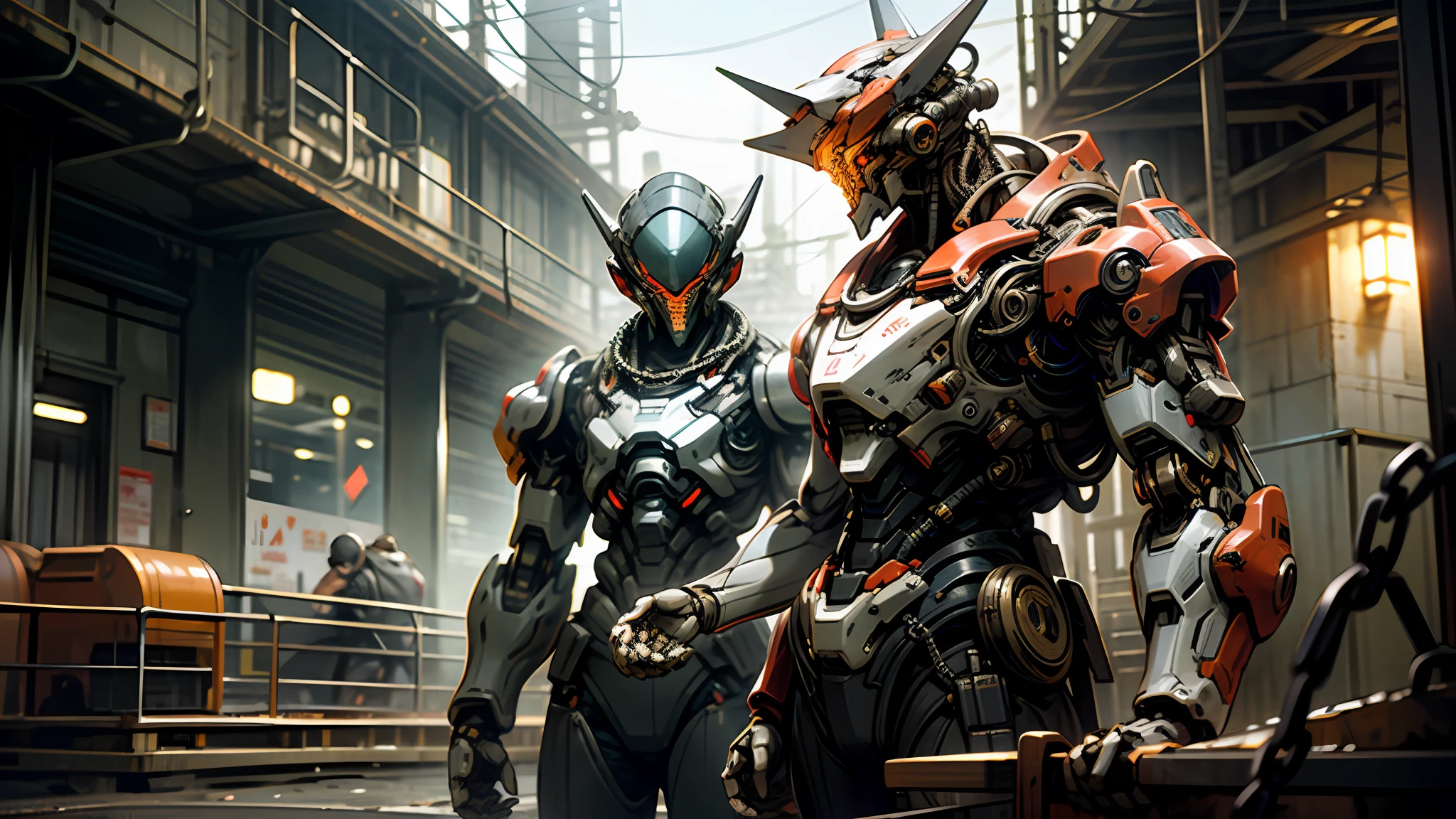 Dark_Fantasy,Cyberpunk,(chain saw,chain saw man,Red:1.1),1man,Mechanical marvel,Robotic presence,Cybernetic guardian, wearing a worn-out mech suit, intricate, (steel metal [rusty]), elegant, clear focus, shot by greg rutkowski, soft lighting, vibrant colors, masterpiece, ((street)), cowboy shot, dynamic pose,