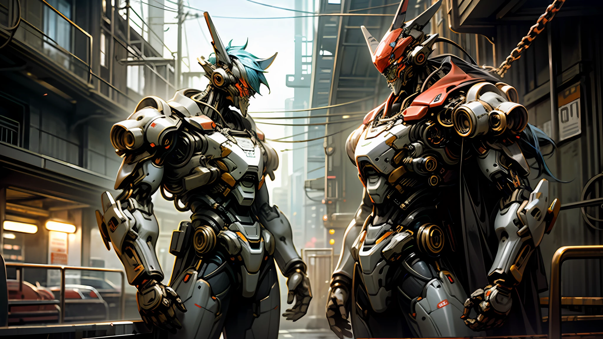 Dark_Fantasy,Cyberpunk,(chain saw,chain saw man,Red:1.1),1man,Mechanical marvel,Robotic presence,Cybernetic guardian, wearing a worn-out mech suit, intricate, (steel metal [rusty]), elegant, clear focus, shot by greg rutkowski, soft lighting, vibrant colors, masterpiece, ((street)), cowboy shot, dynamic pose,
