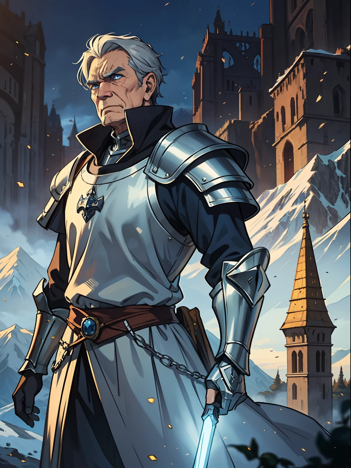 an old man wearing silver armor with blue details on fabric a royal armor this man has a brave face he is grumpy and unsympathetic he is the evil general of Targon in the background of the image a tower on the top of the mountain on the horizon character for medieval rpg