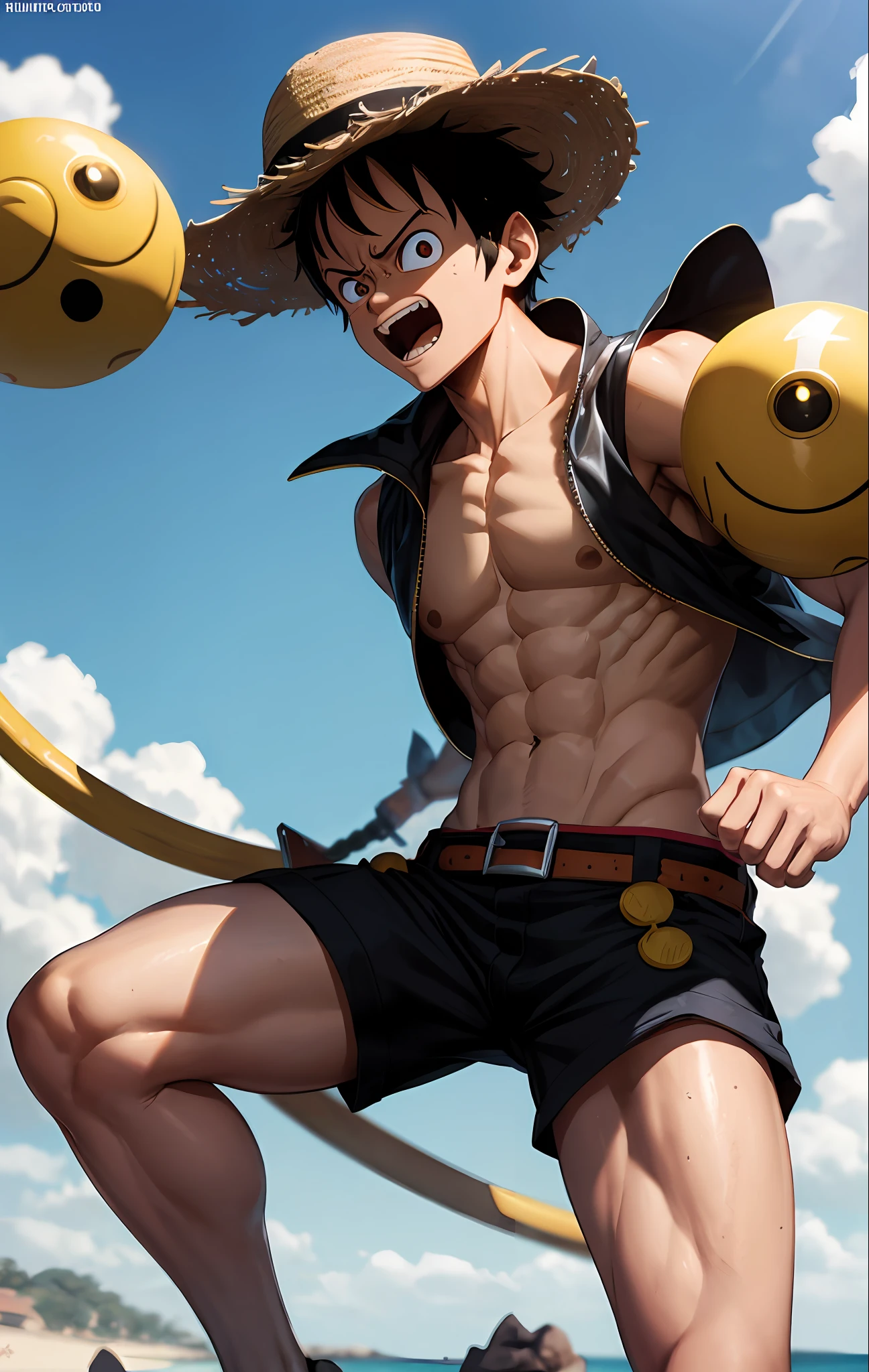 Macaco D transformado. Luffy em Gear 10, com um X no peito, Uma nova forma todo-poderosa, cercado por ((nuvens negras)) --auto
