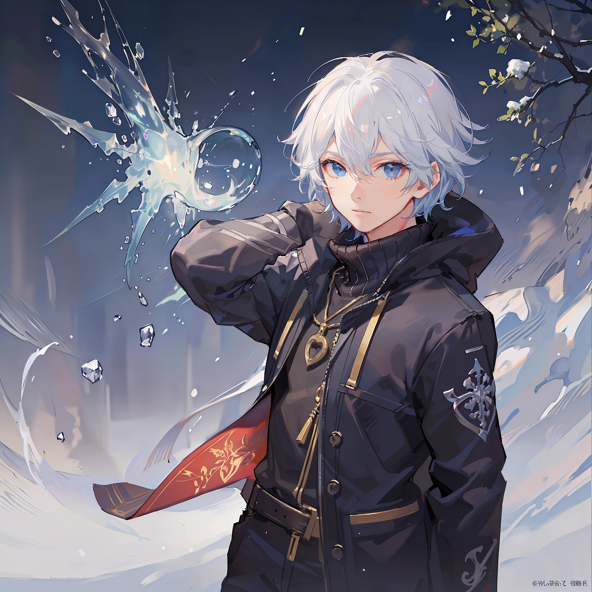 Dark dark blue background、Ice Magic、Boy with snow-white hair、Boy Wearing Ice and Snow、One Boy、solo、shonen, age boy, water surface