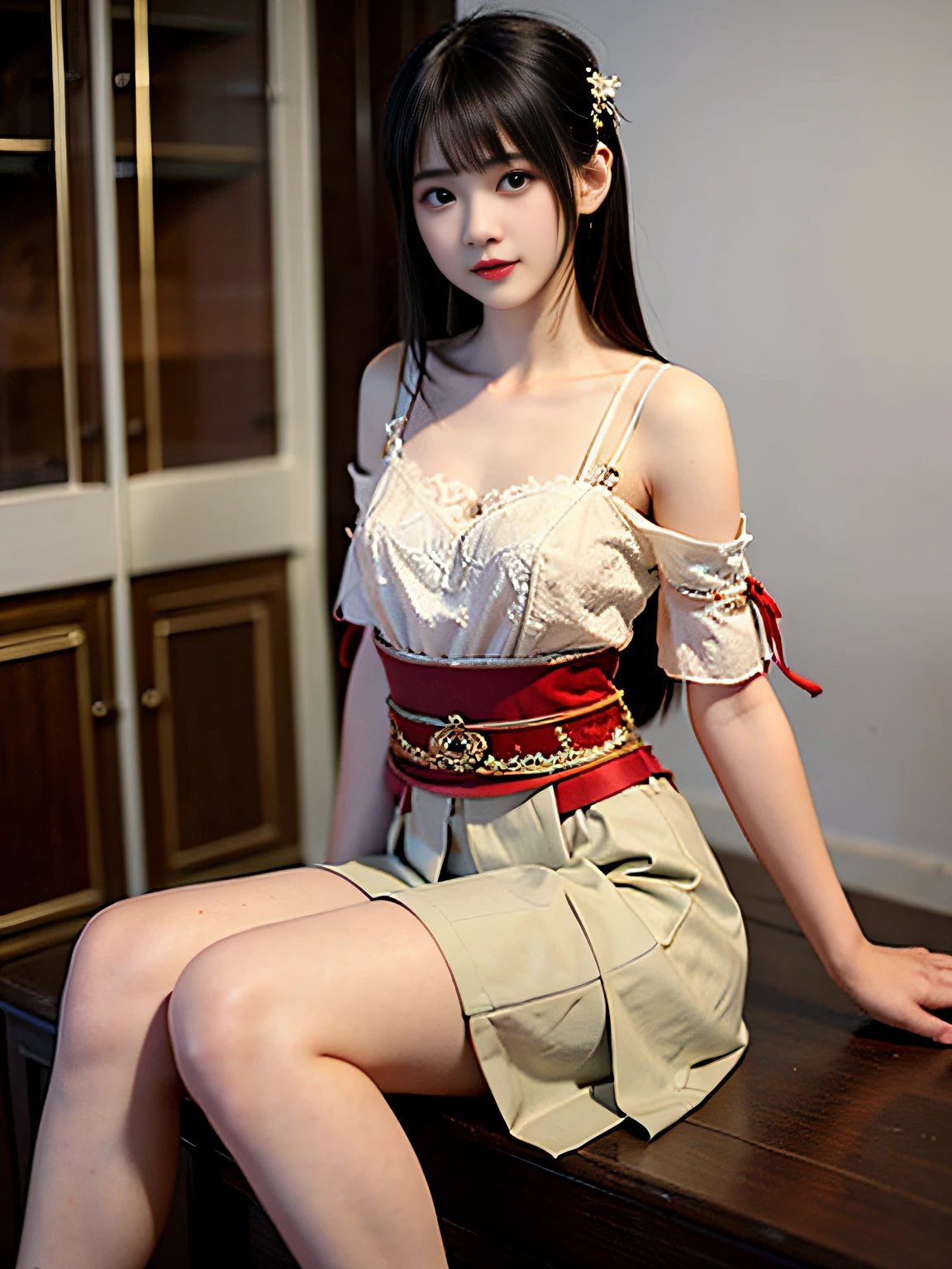 Best quality，complexdetails，high qulity，Arakfi Asian woman，don，Smaller chest，Exposed shoulder，open waist，A short skirt，Bare legs，Silk clothes，facing at viewer，busts，Slim，（1 person：1.2）