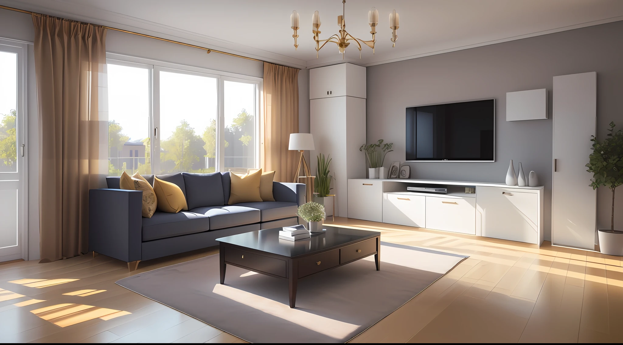 a drawing of a living room with a couch, coffee table, television and a window, sketch illustration, by Radi Nedelchev, interior design details, beautiful rendering, by Bernard D’Andrea, 3 d point perspective, interior design, architectural sketch, 3 d rendering, 3d rendering, by Nikola Avramov, architectural rendering, interior design architecture
