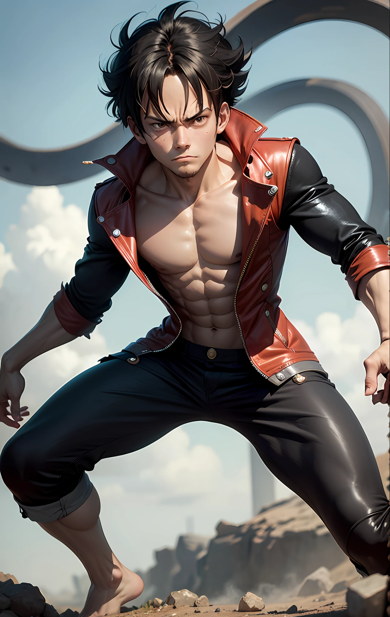 Monkey d luffy. Luffy em Gear 10, com um X no peito, roupa preta futurista, Uma nova forma toda-poderosa, cercado por ((nuvens negras)) --auto