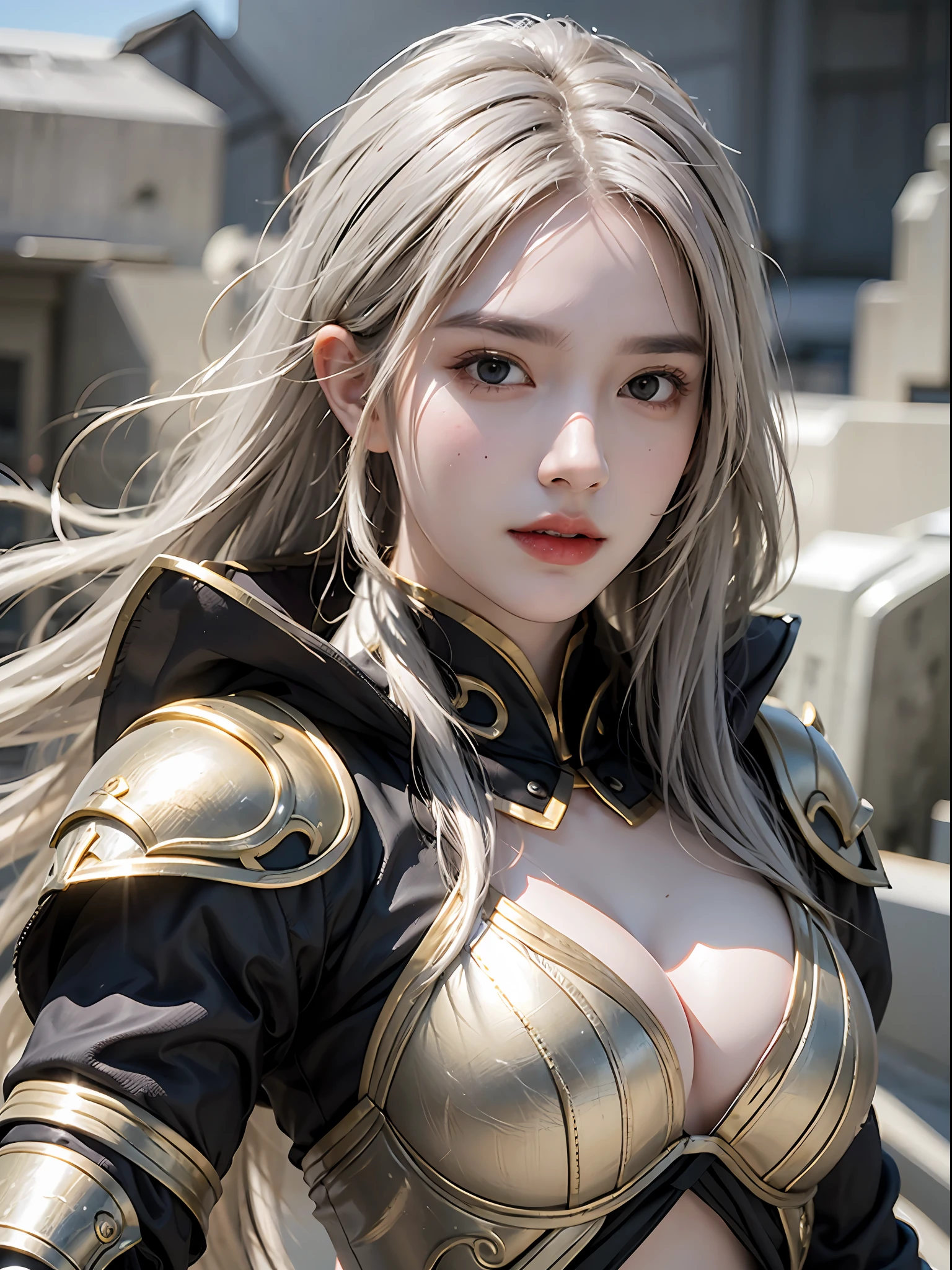 photorealistic, high resolution, 1 girl, white long hair, black eyes, normal breast, armor, full armor, gold armor
