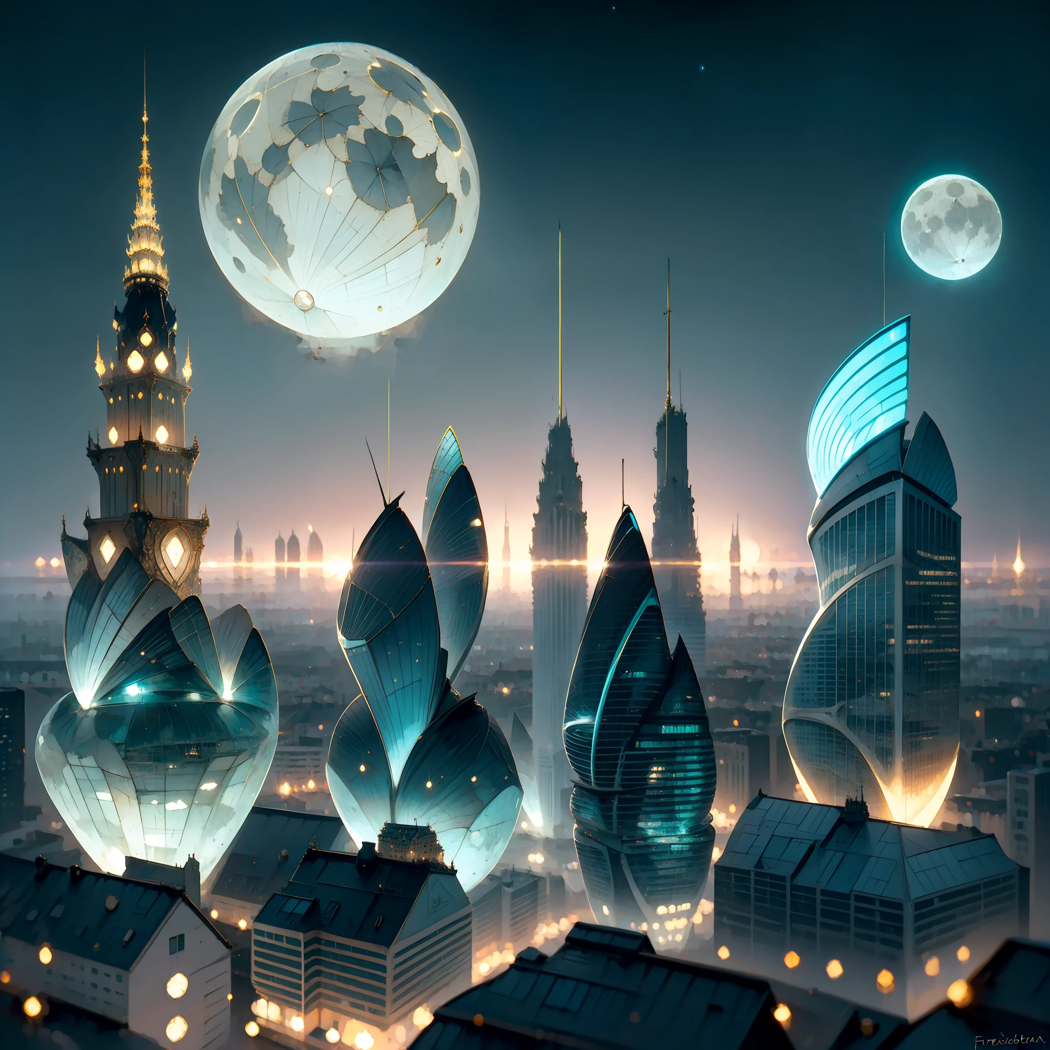 Vessel flying between buildings, Medieval and futuristic buildings, futuristic magical city, two moons in sky, noite, boat flying between buildings, futuro, extremely high quality, realista