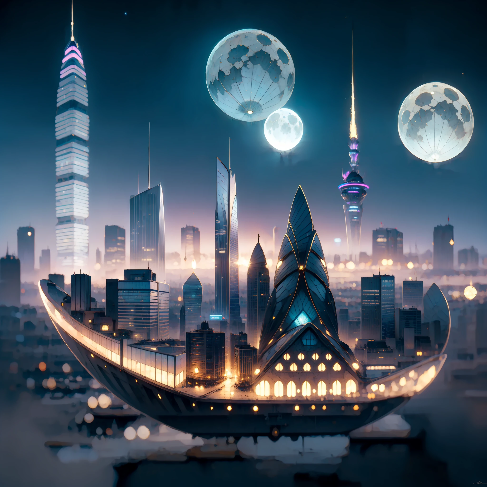 Vessel flying between buildings, Medieval and futuristic buildings, futuristic magical city, two moons in sky, noite, boat flying between buildings, futuro, extremely high quality, realista