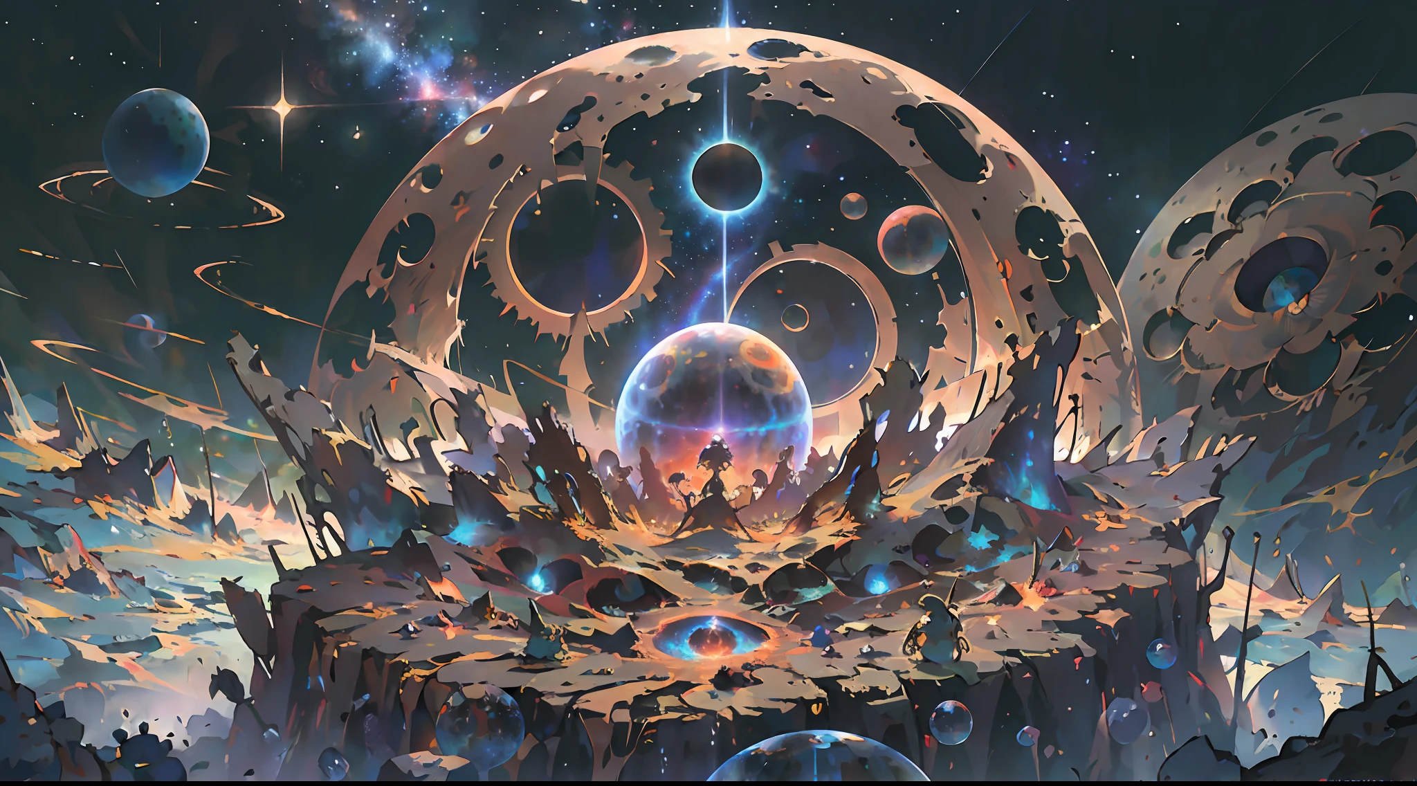 Masterpiece, top quality, high quality, highly detailed CG Unity wallpaper, depth of field, HDR, photorealistic, highly detailed, complex, high detail, beautiful ant nest shrouded in transparent mist, hemispherical, space, universe, galaxy, star, planet, astronomy, universe, astronomical object, nebula, black hole, solar system, cosmic rays, supernova, deep space, celestial body, ant nest like a galaxy