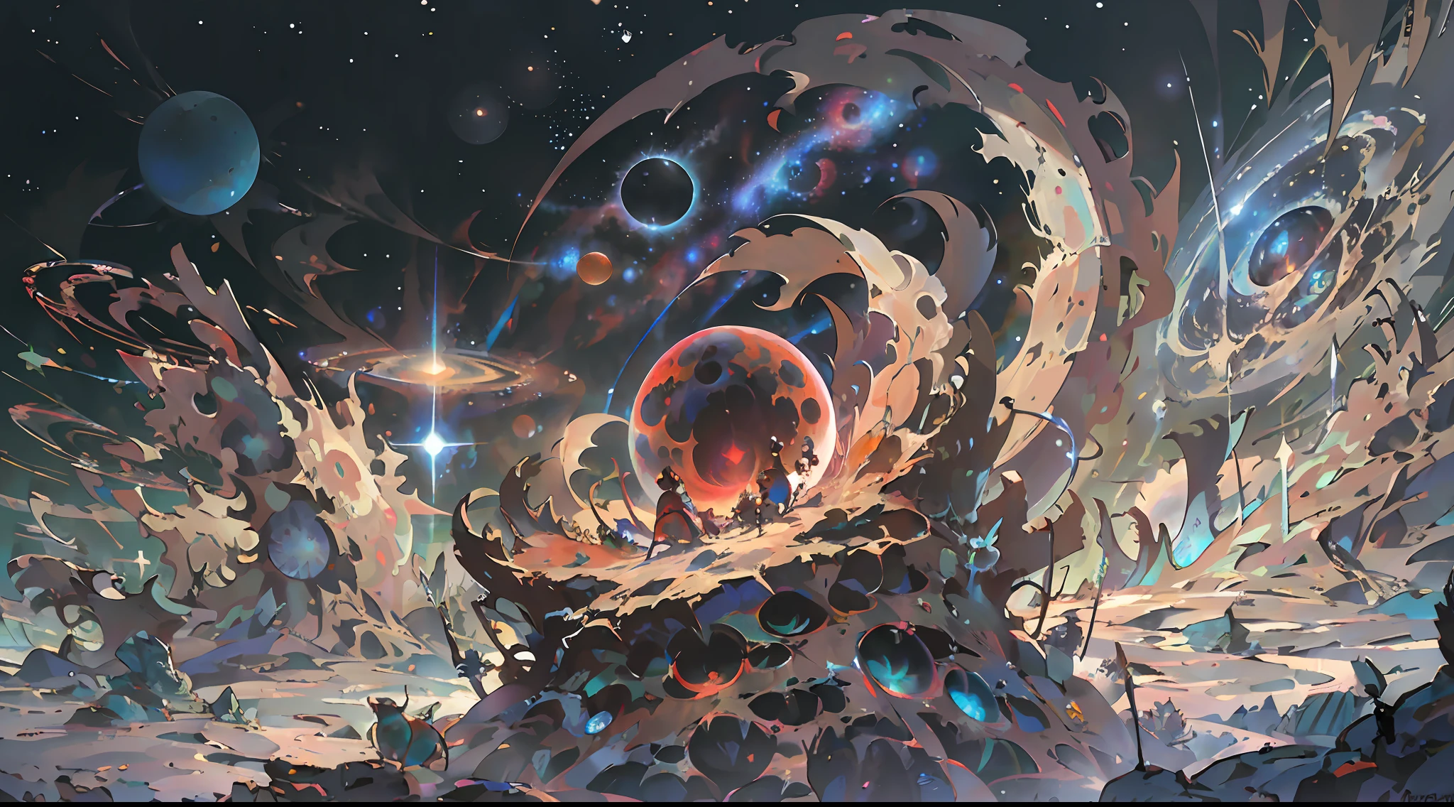 Masterpiece, top quality, high quality, highly detailed CG Unity wallpaper, depth of field, HDR, photorealistic, highly detailed, complex, high detail, beautiful ant nest shrouded in transparent mist, hemispherical, space, universe, galaxy, star, planet, astronomy, universe, astronomical object, nebula, black hole, solar system, cosmic rays, supernova, deep space, celestial body, ant nest like a galaxy