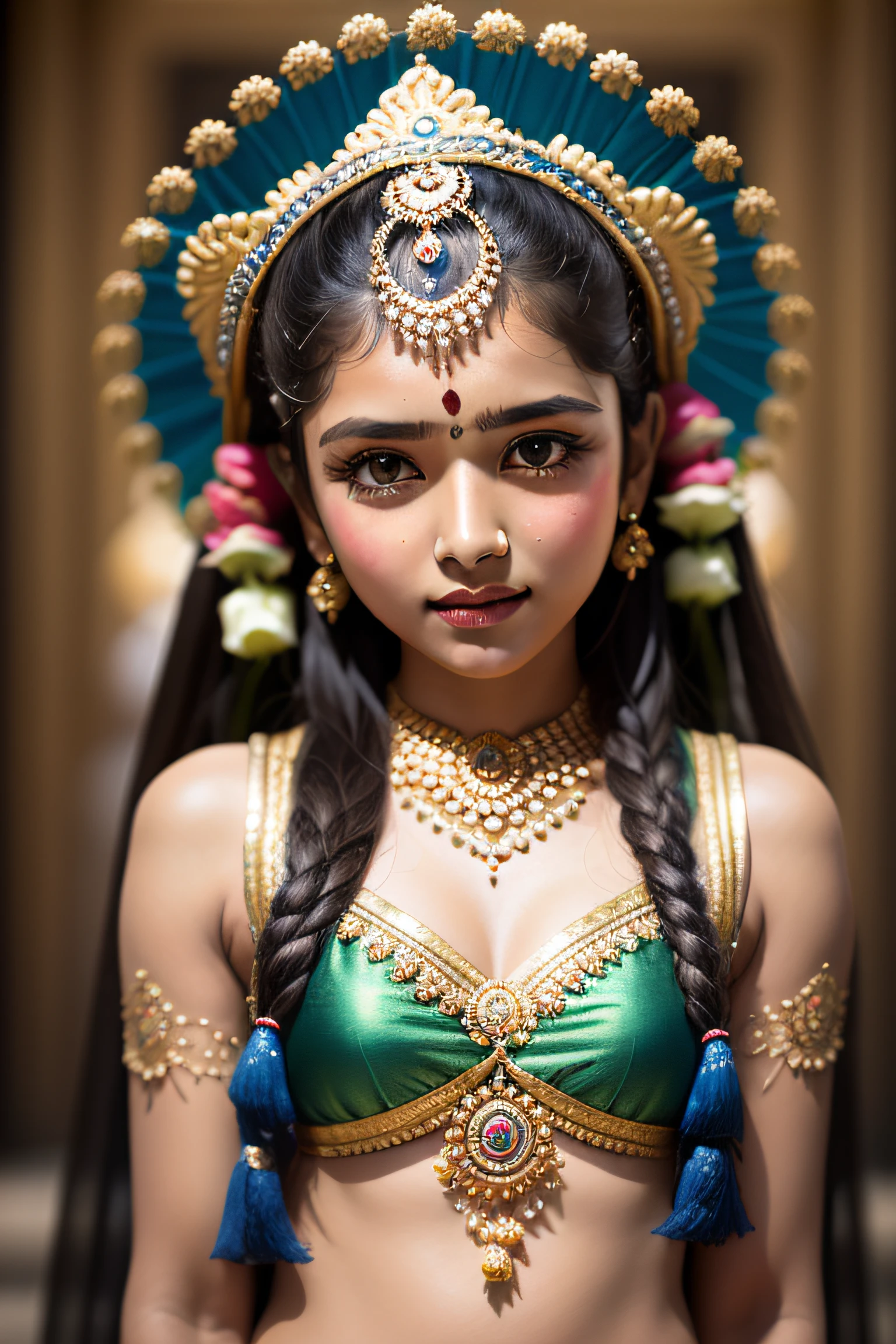 hindu goddess-like indian girl. inian paint effect, blue color skin