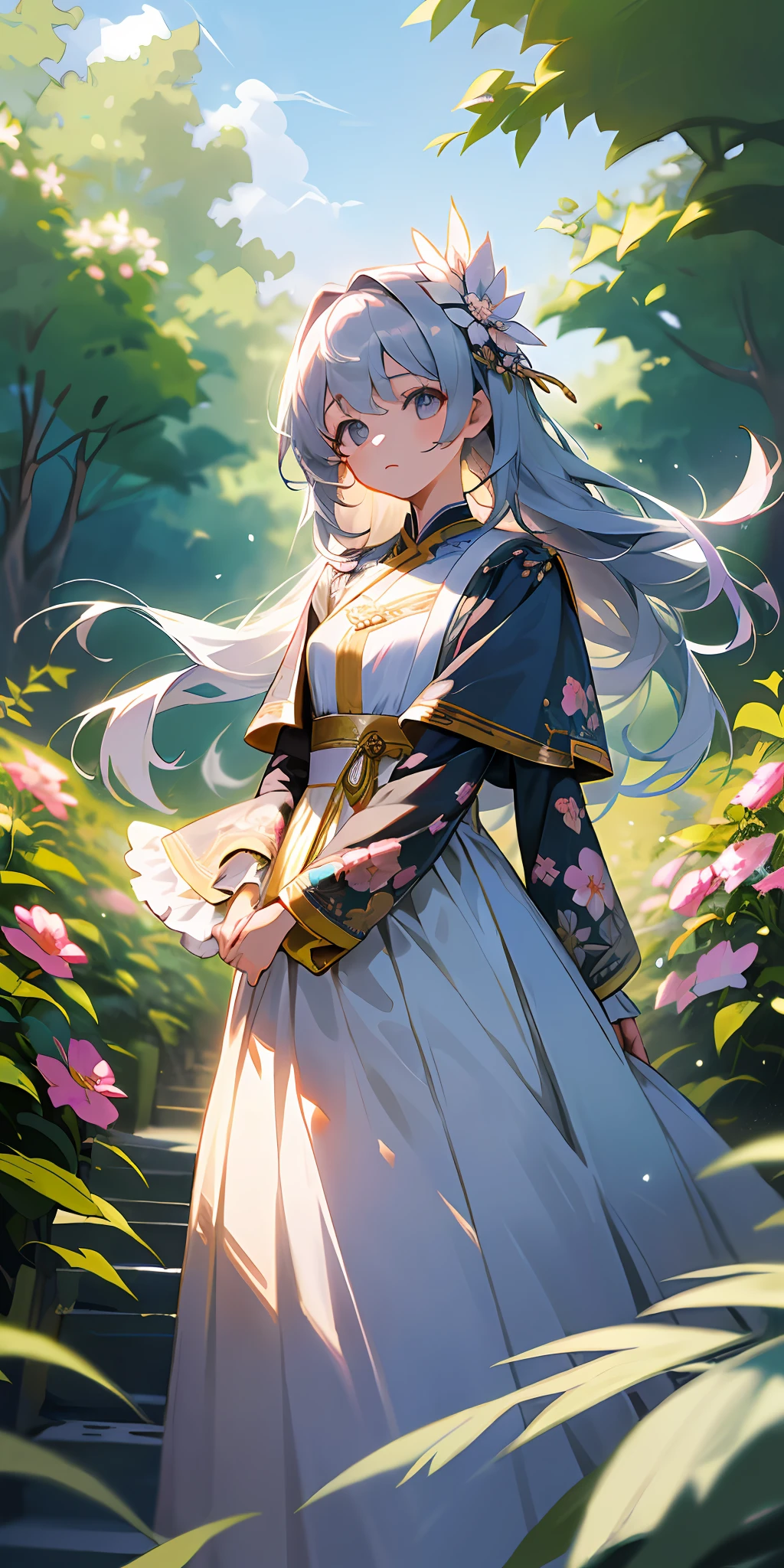 (A masterpice、best quality、illutst、Extremely high quality、high picture quality、Extremely sensitive writing)Girl with long silver hair standing in beautiful flowery garden、Cute traditional costume style dress with frills、Hair fluttering in the wind