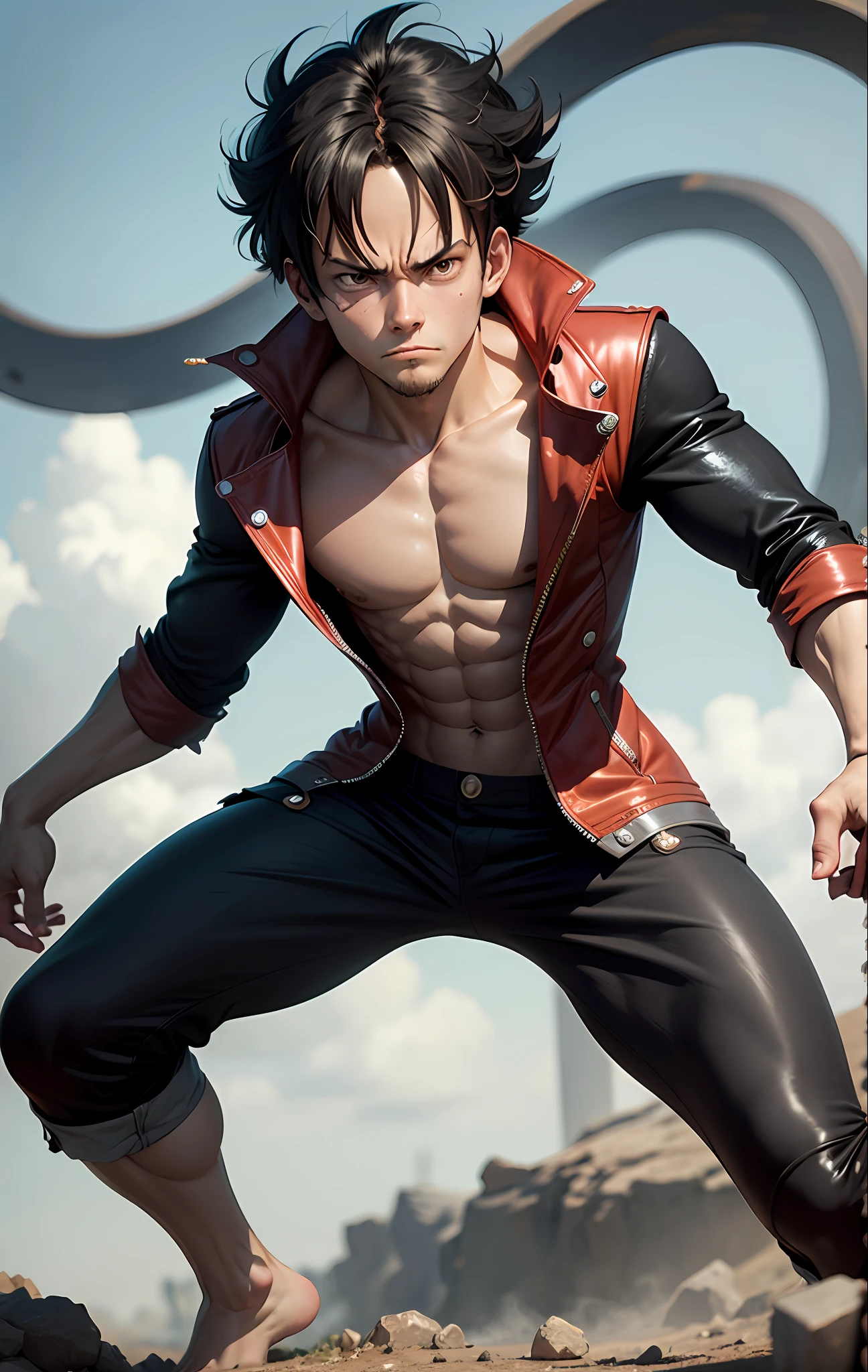 Monkey d luffy. Luffy em Gear 10, com um X no peito, roupa preta futurista, Uma nova forma toda-poderosa, cercado por ((nuvens negras)) --auto