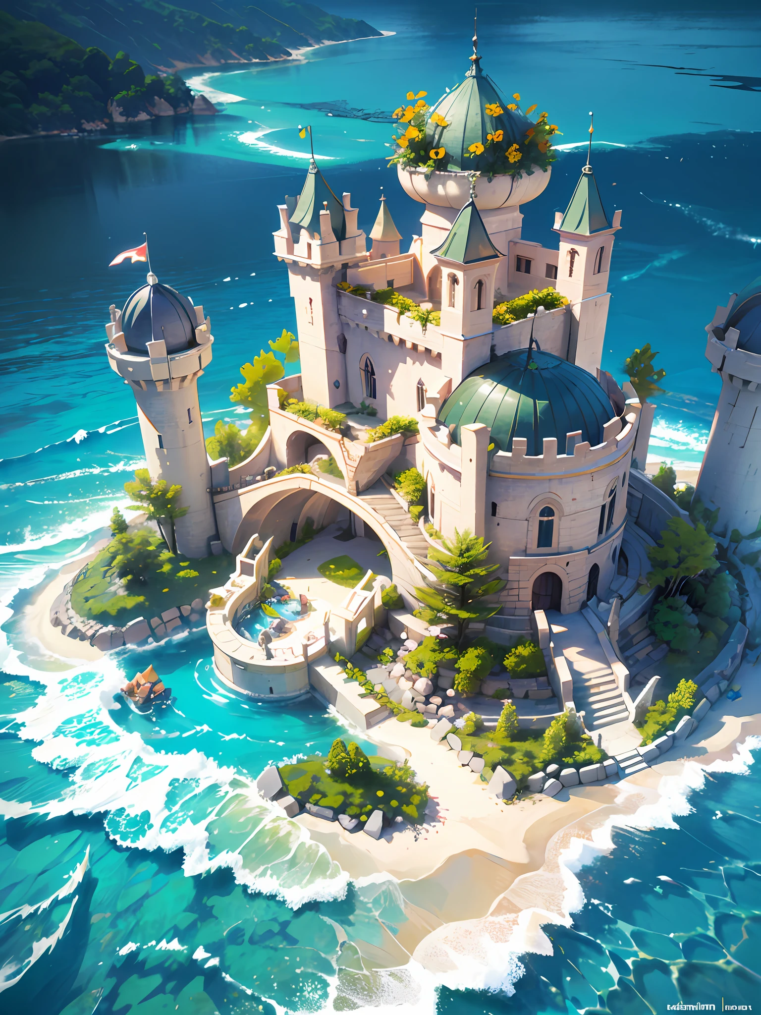cartoon style, top-down view, scene illustration, nature, ancient magical architecture, castle, main fort, fortress, polygon, game architecture design, super detail, summer, ocean waves, swimming ring, shells, flowers, tropical fruits, trees, casual game style, creative, 3d, masterpiece, best quality, cartoon rendering, 8K
