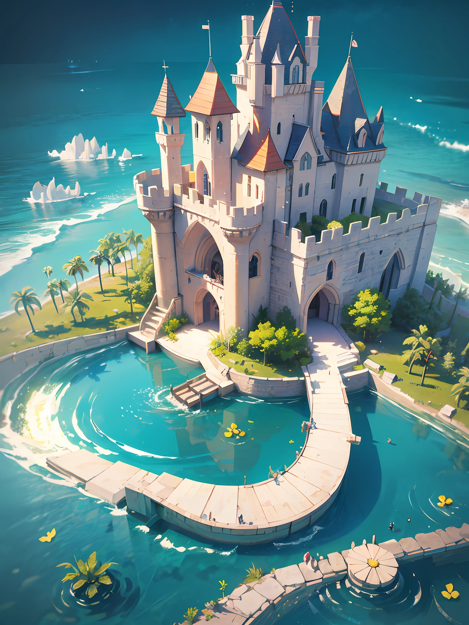 cartoon style, top-down view, scene illustration, nature, ancient magical architecture, castle, main fort, fortress, polygon, game architecture design, super detail, summer, ocean waves, swimming ring, shells, flowers, tropical fruits, trees, casual game style, creative, 3d, masterpiece, best quality, cartoon rendering, 8K
