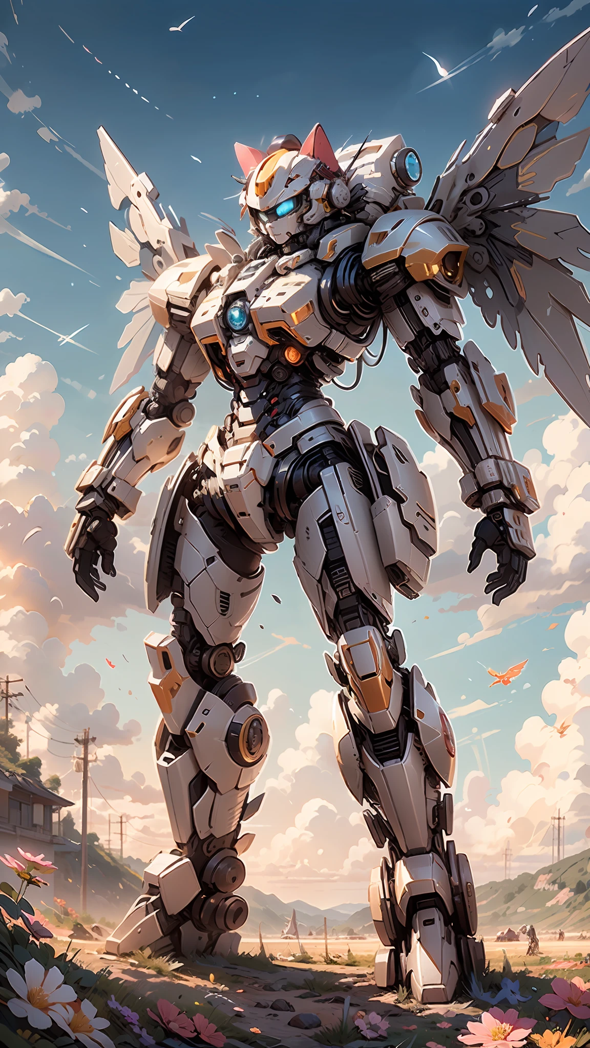 Hello kitty themed armor，Beautiful details，Complete set，Luxury equipment，3 km wings，5 km altitude，The mech has cat ears on its head，Mecha is beautiful，Details glow white，（Flower sea background），The sunset is bright, and the detailed colors make the picture more vivid。