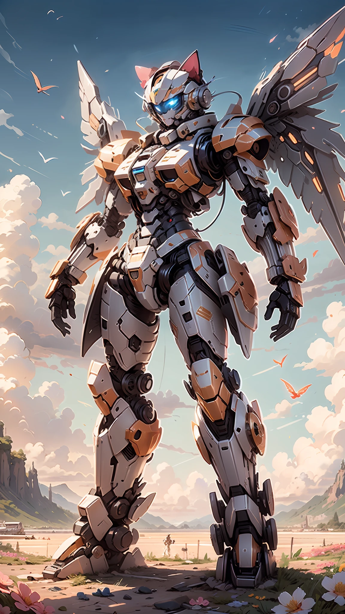 Hello kitty themed armor，Beautiful details，Complete set，Luxury equipment，3 km wings，5 km altitude，The mech has cat ears on its head，Mecha is beautiful，Details glow white，（Flower sea background），The sunset is bright, and the detailed colors make the picture more vivid。