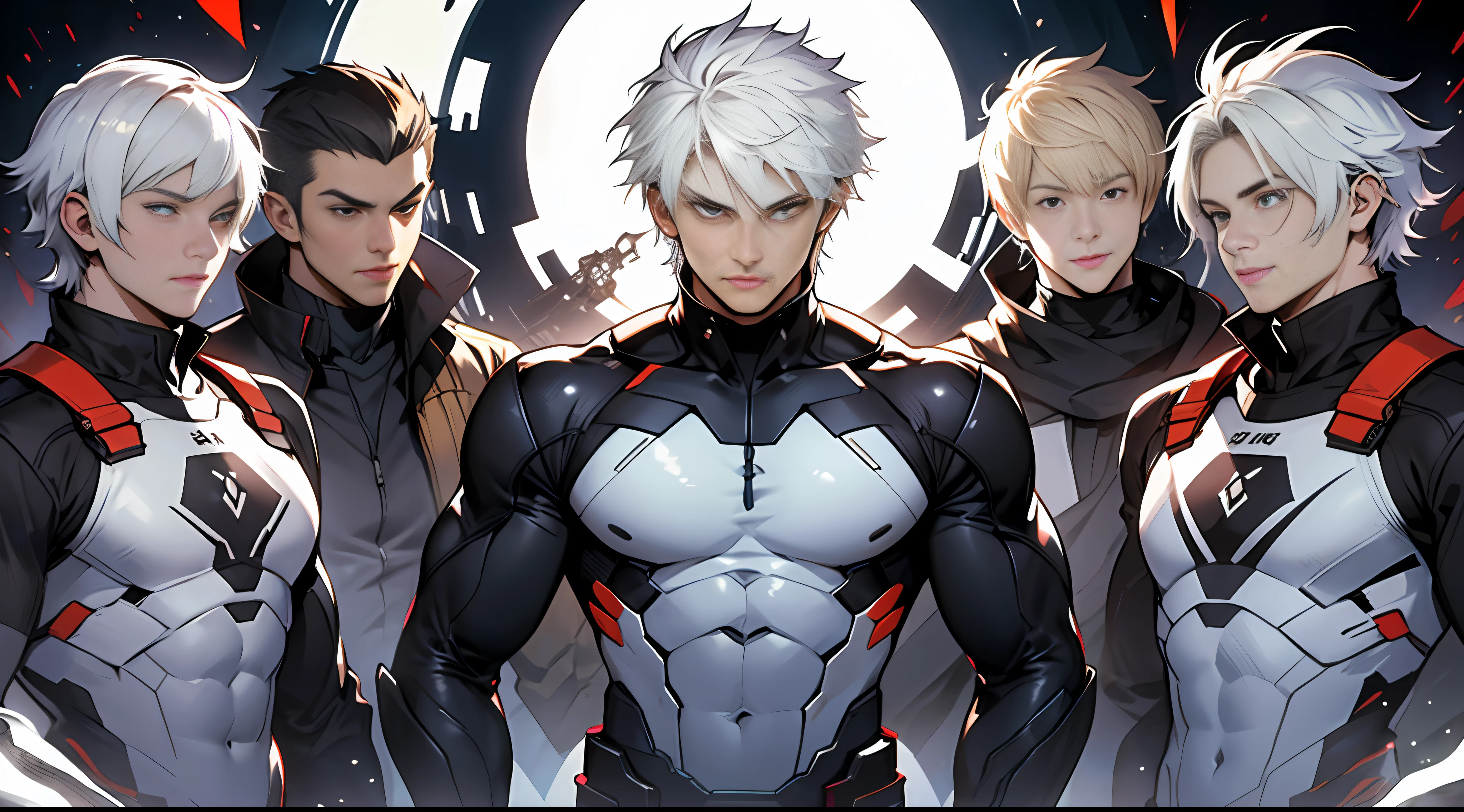 Best quality, 巨作, Super detail, A tall young man with short white hair standing in the center of the Spirit & Goodness team, surrounded by a group of reliant companions, Determined gaze,There was an expression of hope and anticipation on his face.