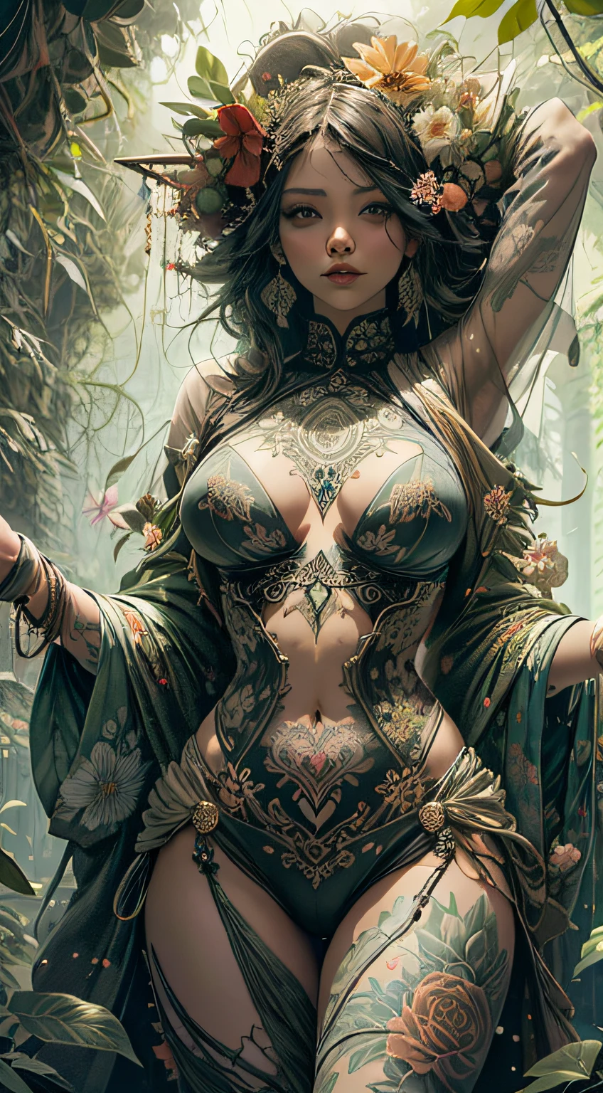 open legs, view of pubic hair, 1 sexy girl in transparent forest clothes, flowers, leaves, mandalas, fractal, full female body, mandala and flower tattoos, seductive pose, well-detailed art, beautiful breasts, exposed breasts, open transparent t-shirt,
