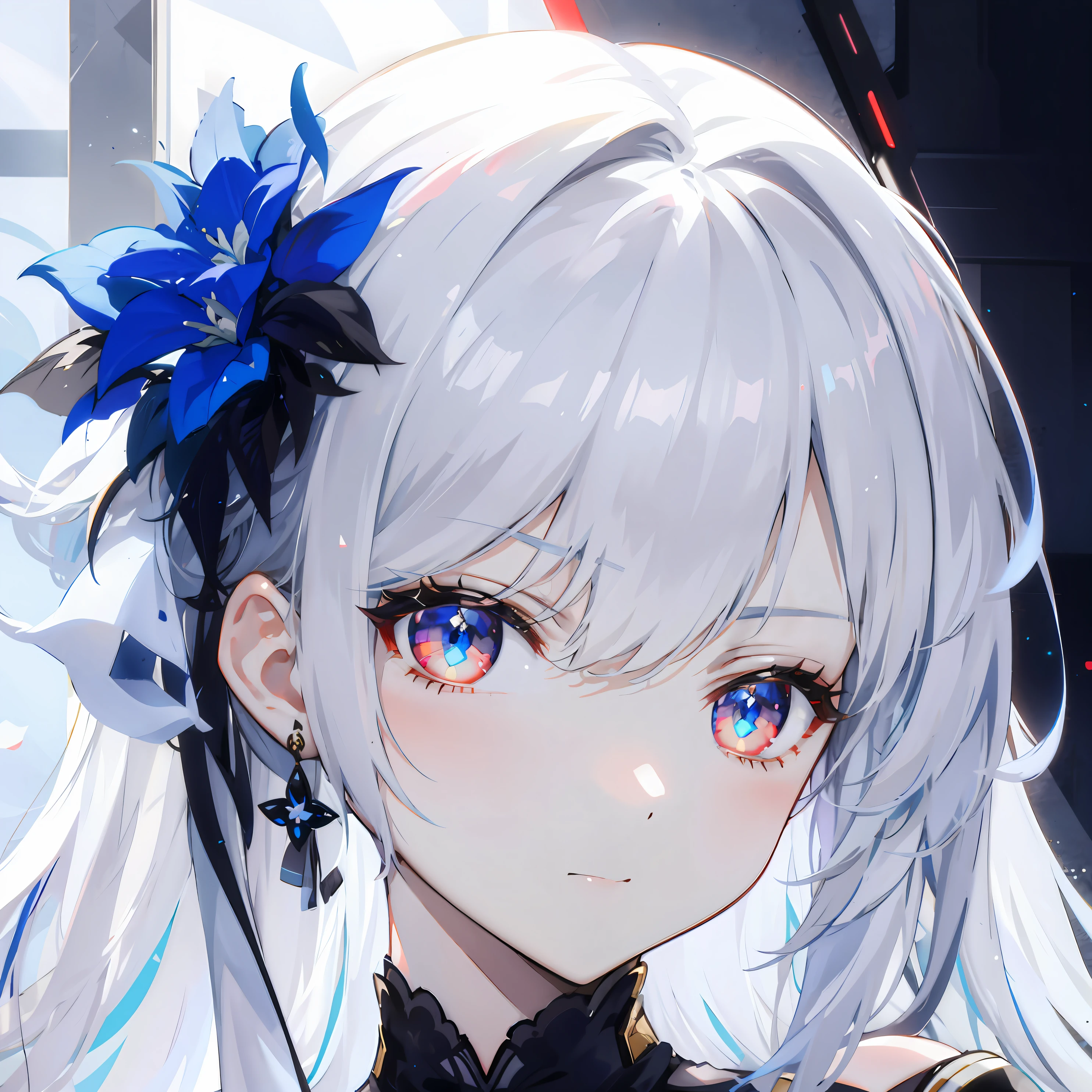 ((Elaborate Eyes)),(Red pupils),Anime girl with blue eyes and white hair,There is a blue flower on the hair, from arknights, from girls frontline, Fine details. Girl Front, azur lane style, come from《azur lane》videogame, white haired deity, Girl with white hair, girls frontline style, 《azur lane》role, white haired, perfect white-haired girl