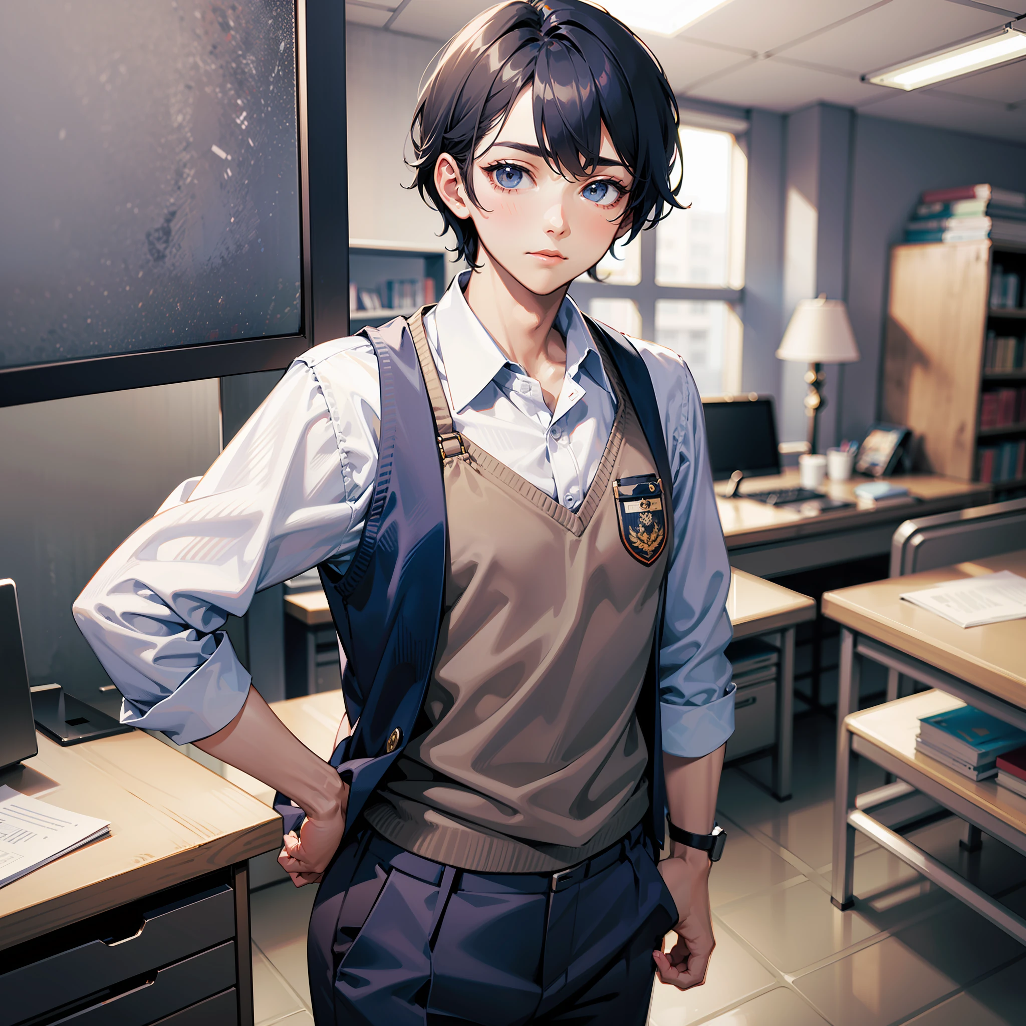 A masterpice、Ultra high image quality、Dynamic dance、High Accuracy、Real Aged Male Oak、Art Works、thin chest plate、thin-waist、small ass、Oversized clothes、Office Worker、Navy blue vest、Gray slacks