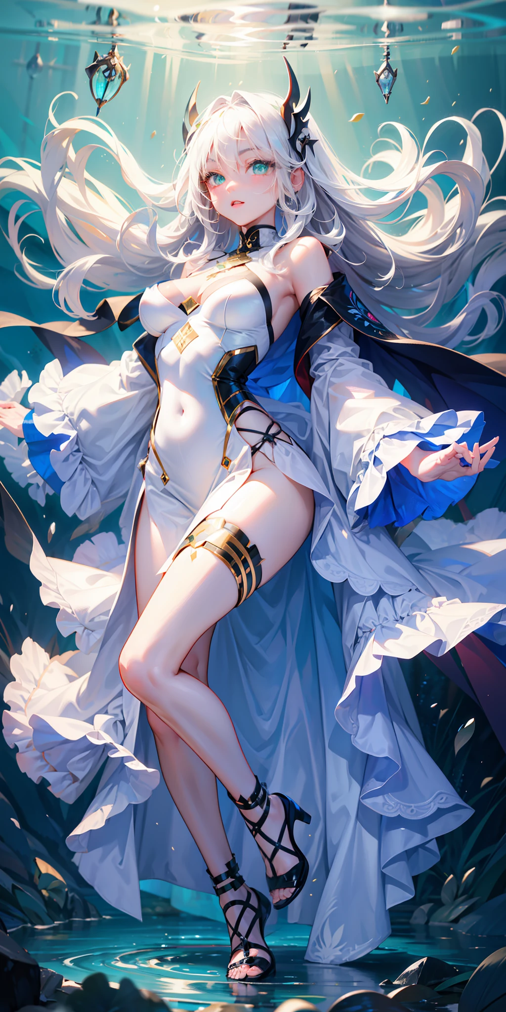 full body, Floating, (Beautiful Detail Eyes), (Detailed Light) (1 Girl), 6 breasts, floating_hair, Glow Eyes, White Hair, Green Eyes,
