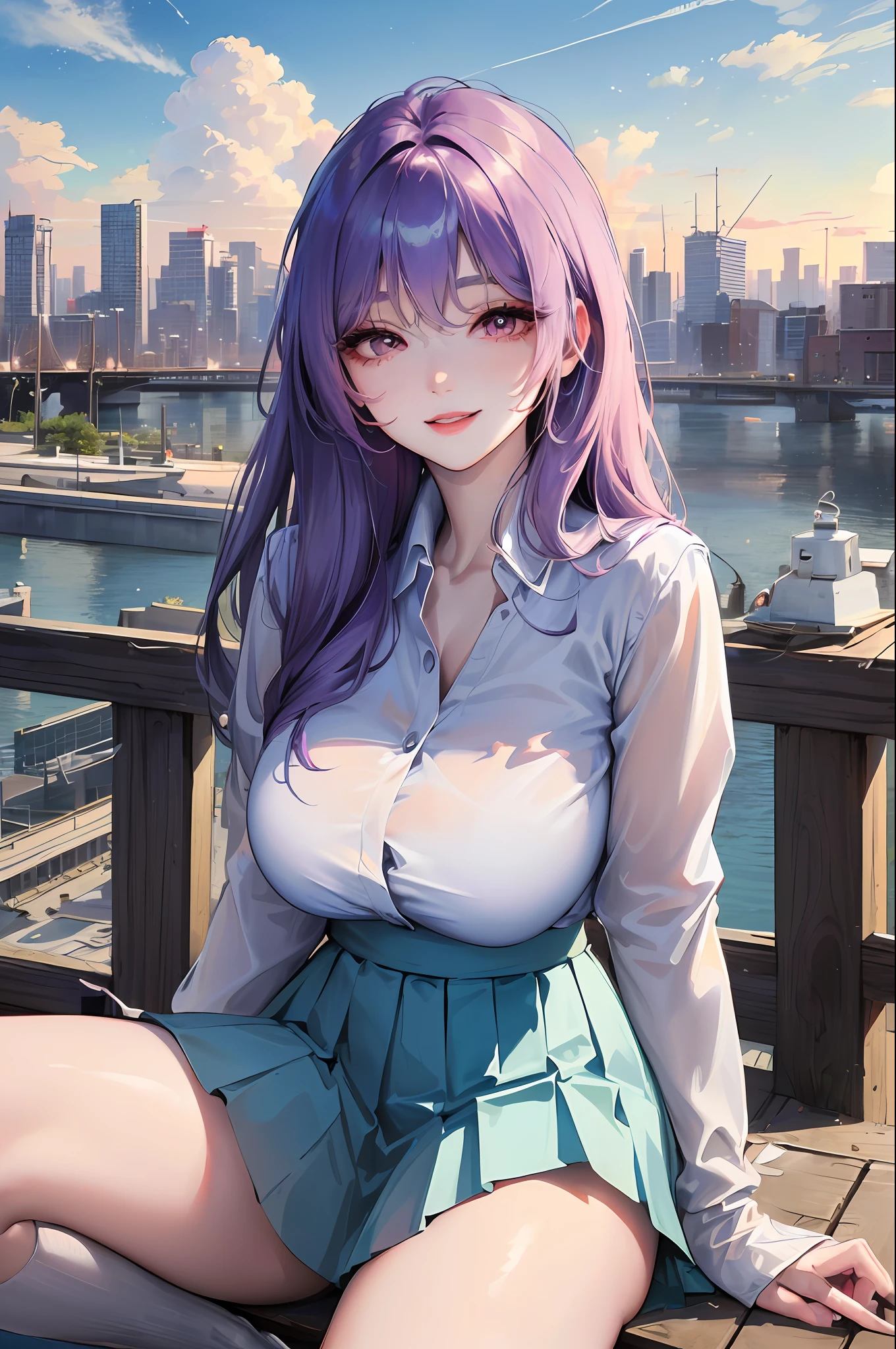 official art, masterpiece, sharp focus, (beautiful gorgeous cute Korean woman:1.3), (beautiful cute korean:1.3), korean beauty, Delicate and beautiful hair and eyes and face, realistic, ultra detailed, beautiful girl, blue sky, glow white particle, (sidelighting:1.2), sun light, white cloud, detailed clouds, slender, Lovely very large breasts and very large hips, smile with teeth, ((smile with eyes, open both eyes)), scenery, long straight hair, sexy facial expression, building, (cityscape:1.7), dynamic hair, long straight hair, detailed platinum purple hair, glow pink eyes, (blue pleated shirts + white skirt), white long socks, pale skin, hair ornament, epic scenery,